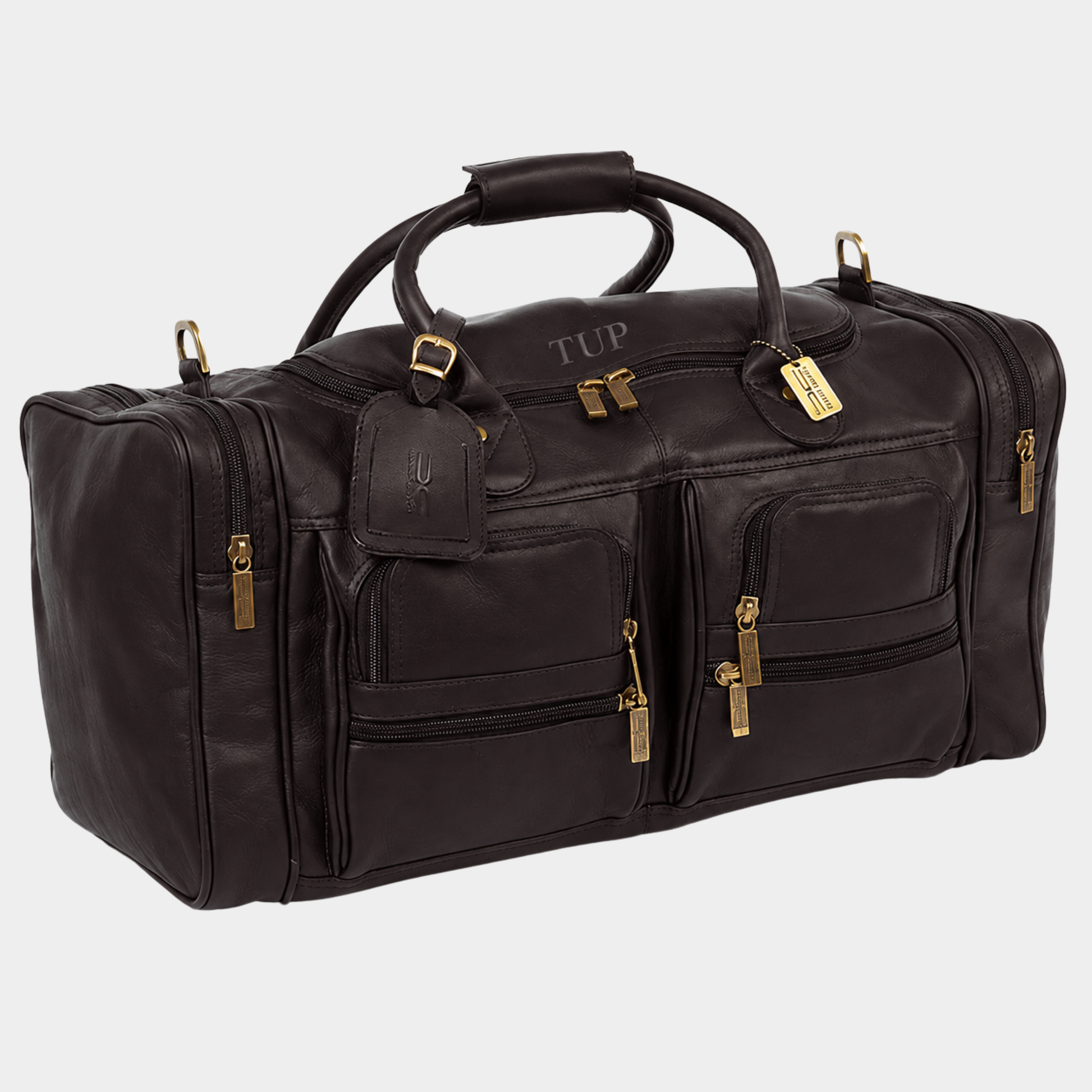 Black executive leather duffle bag handcrafted from premium full grain leather with spacious storage