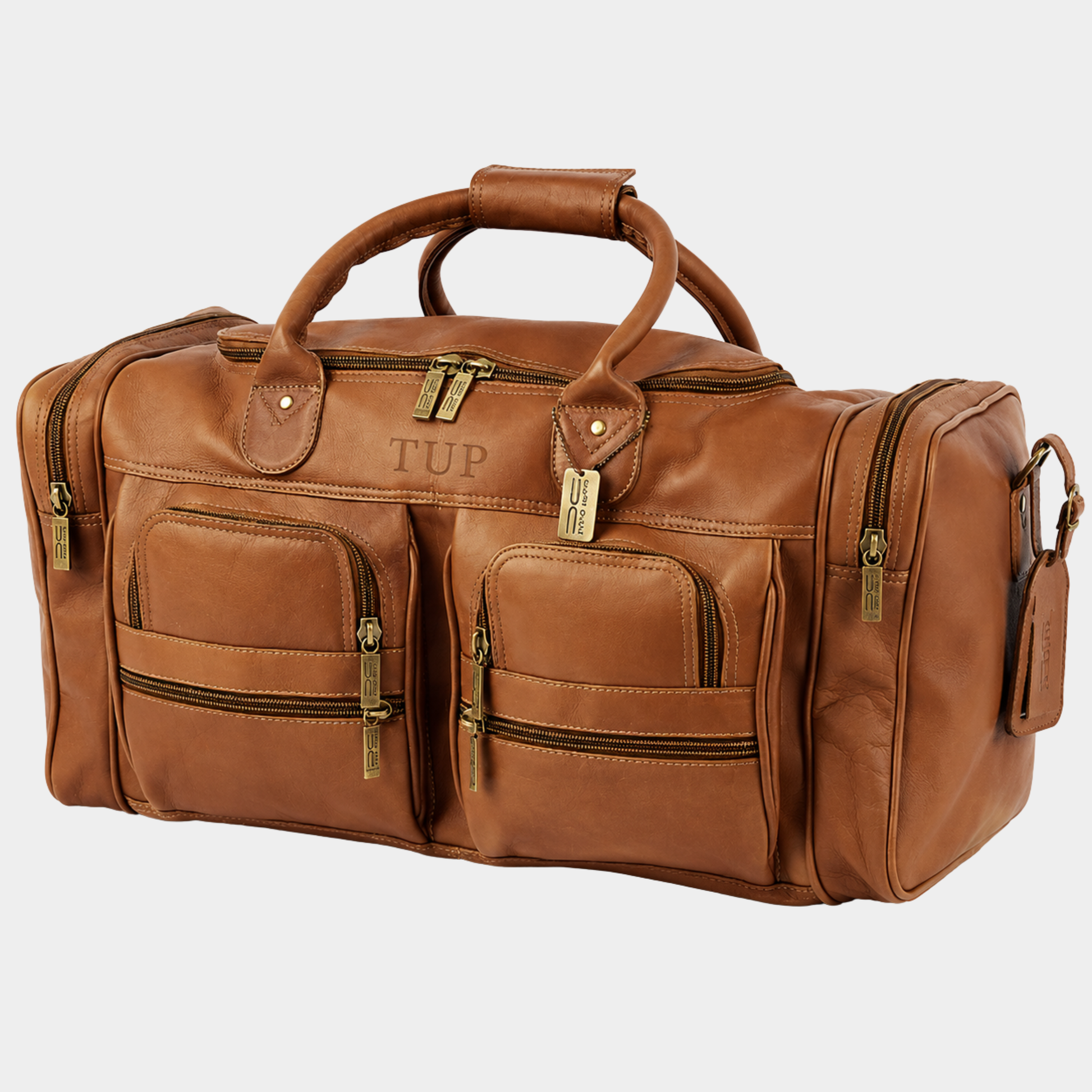 Executive Voyager full grain leather duffle bag in vintage brown with multiple front organizer pockets and brass hardware