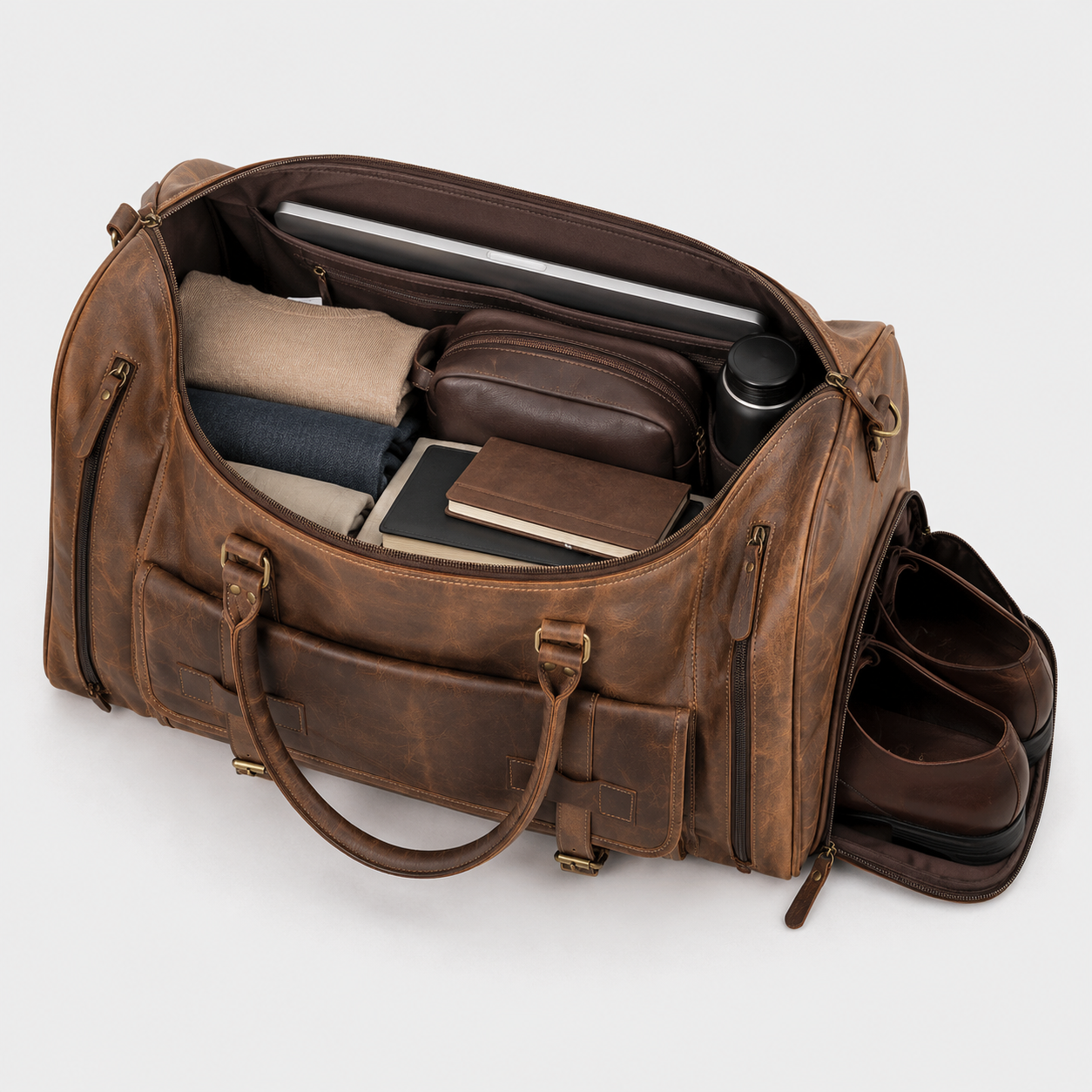 Interior of premium leather duffle bag with multiple organizer pockets and dedicated storage compartments