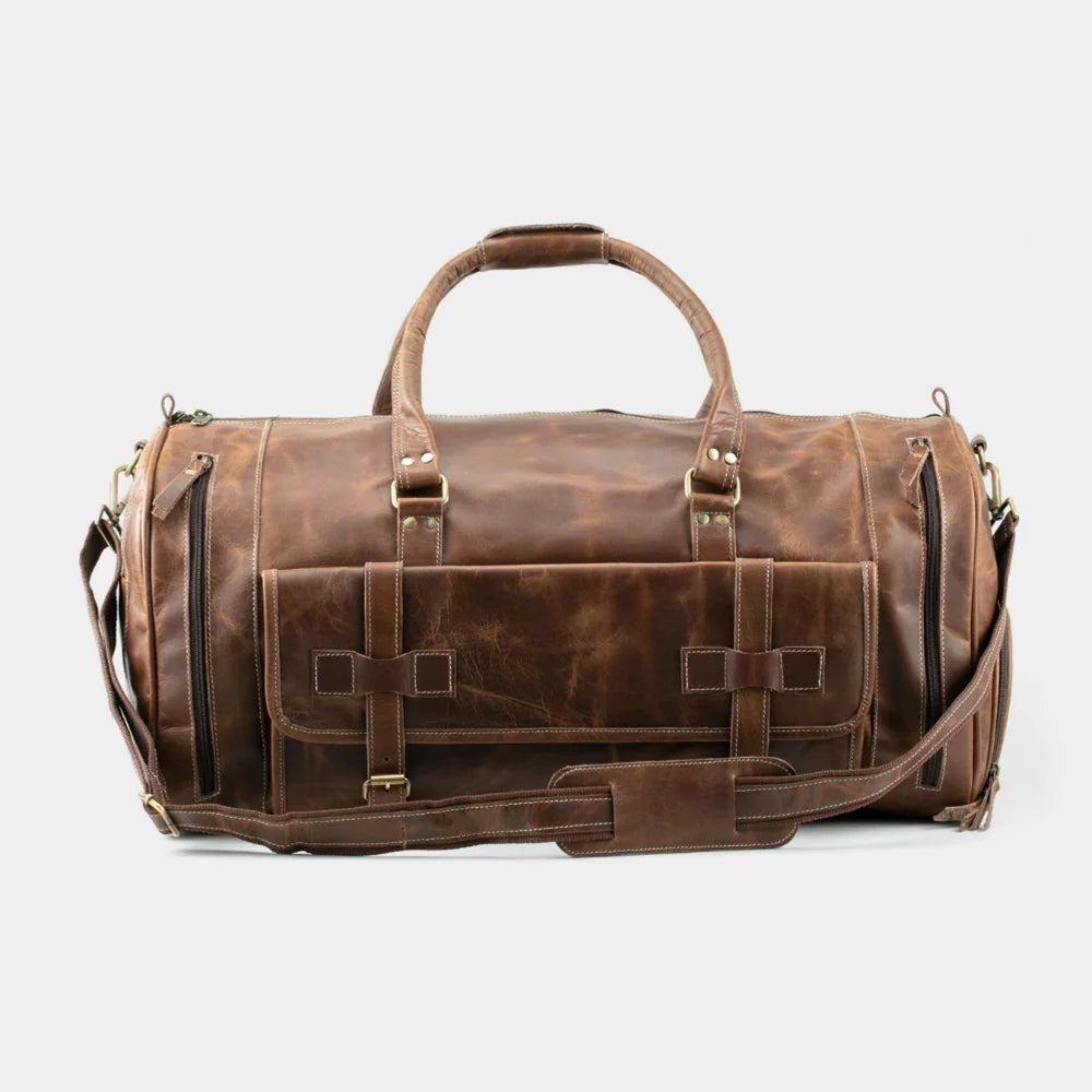 Expedition Weekender full grain leather duffle bag in vintage brown with shoe compartment and premium brass hardware