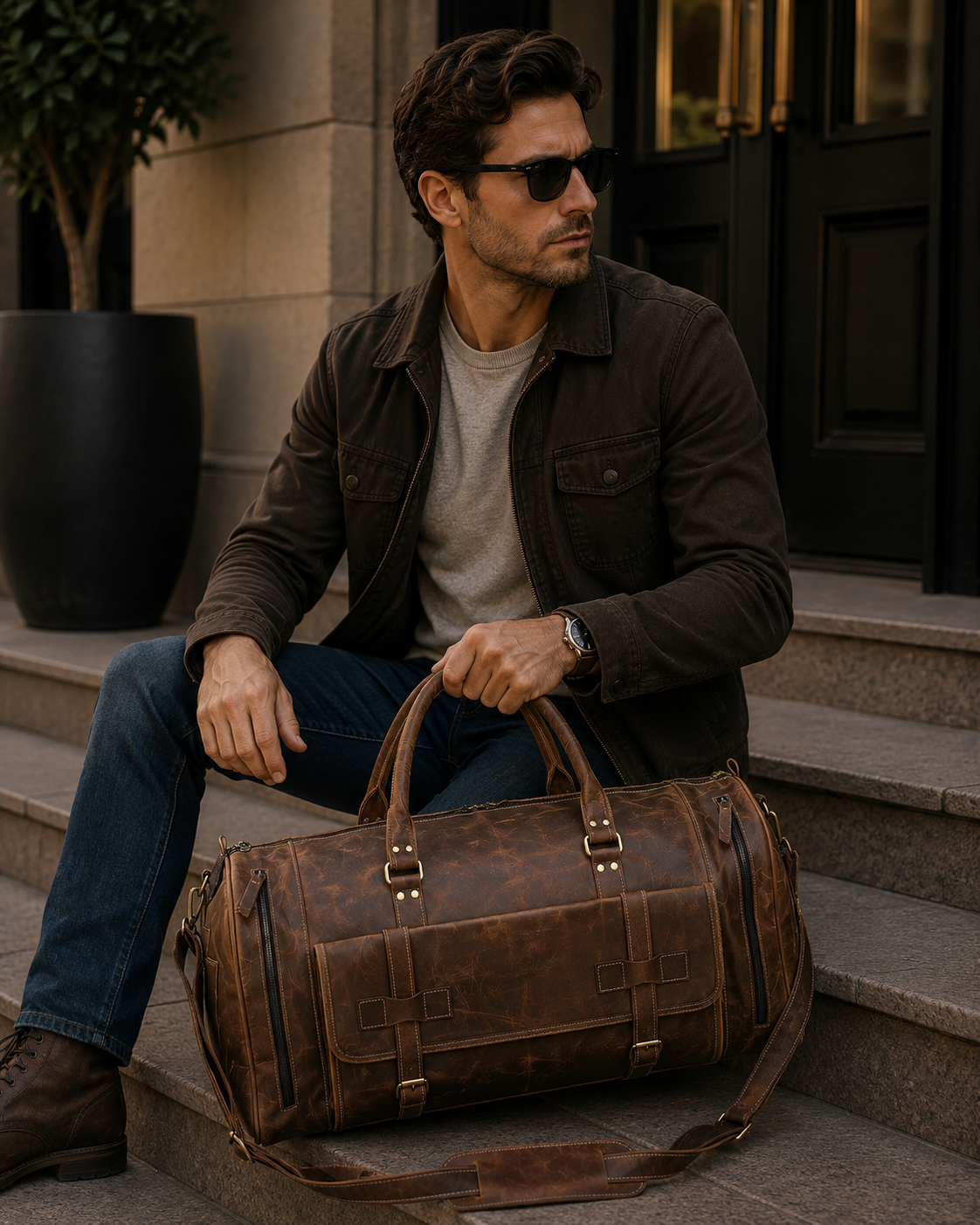 Lifestyle image of a man carrying the Expedition Weekender leather duffle bag during business travel