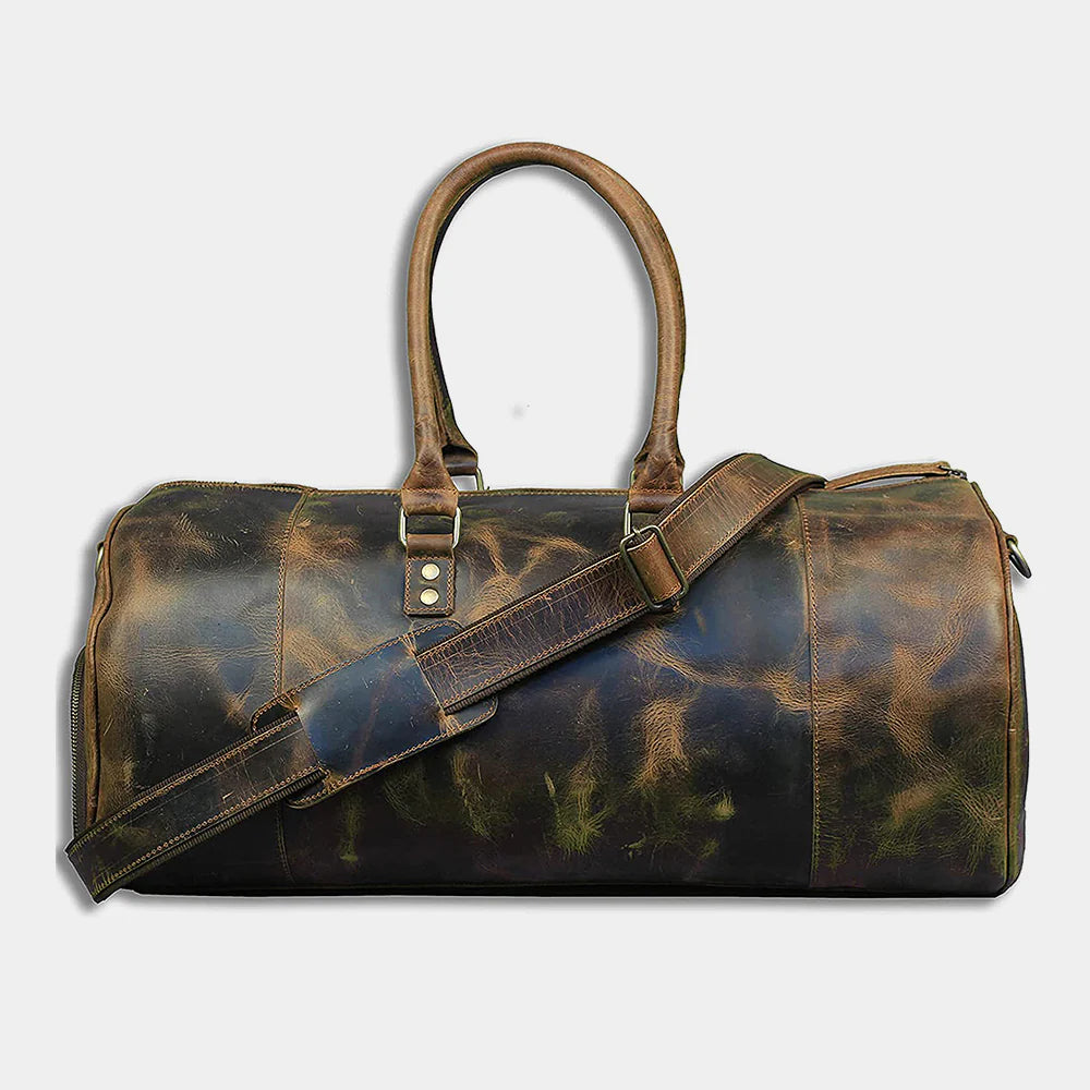 Front view of premium leather weekender bag with buckle closure and brass hardware