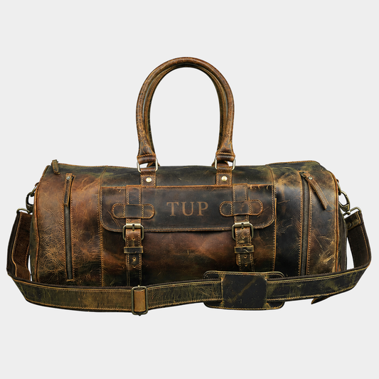 Frontier Expedition full grain buffalo leather duffle bag in vintage brown with premium brass buckles and adjustable shoulder strap