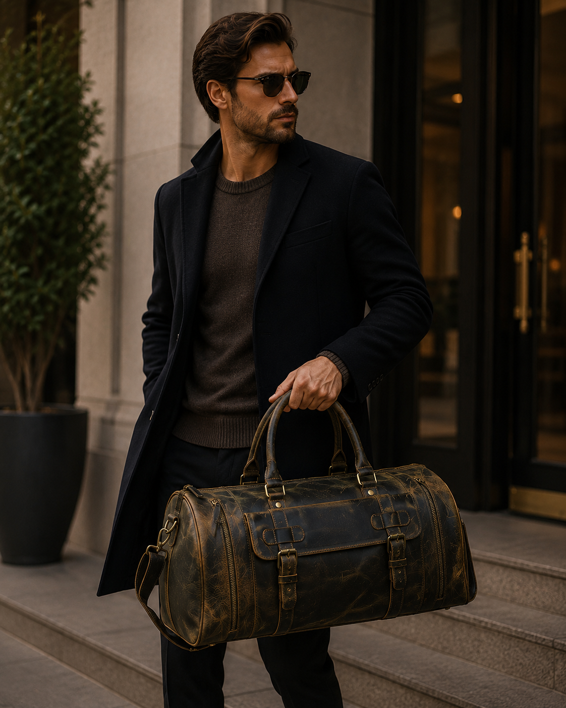 Lifestyle image of a traveler carrying the Frontier Expedition leather duffle bag outdoors