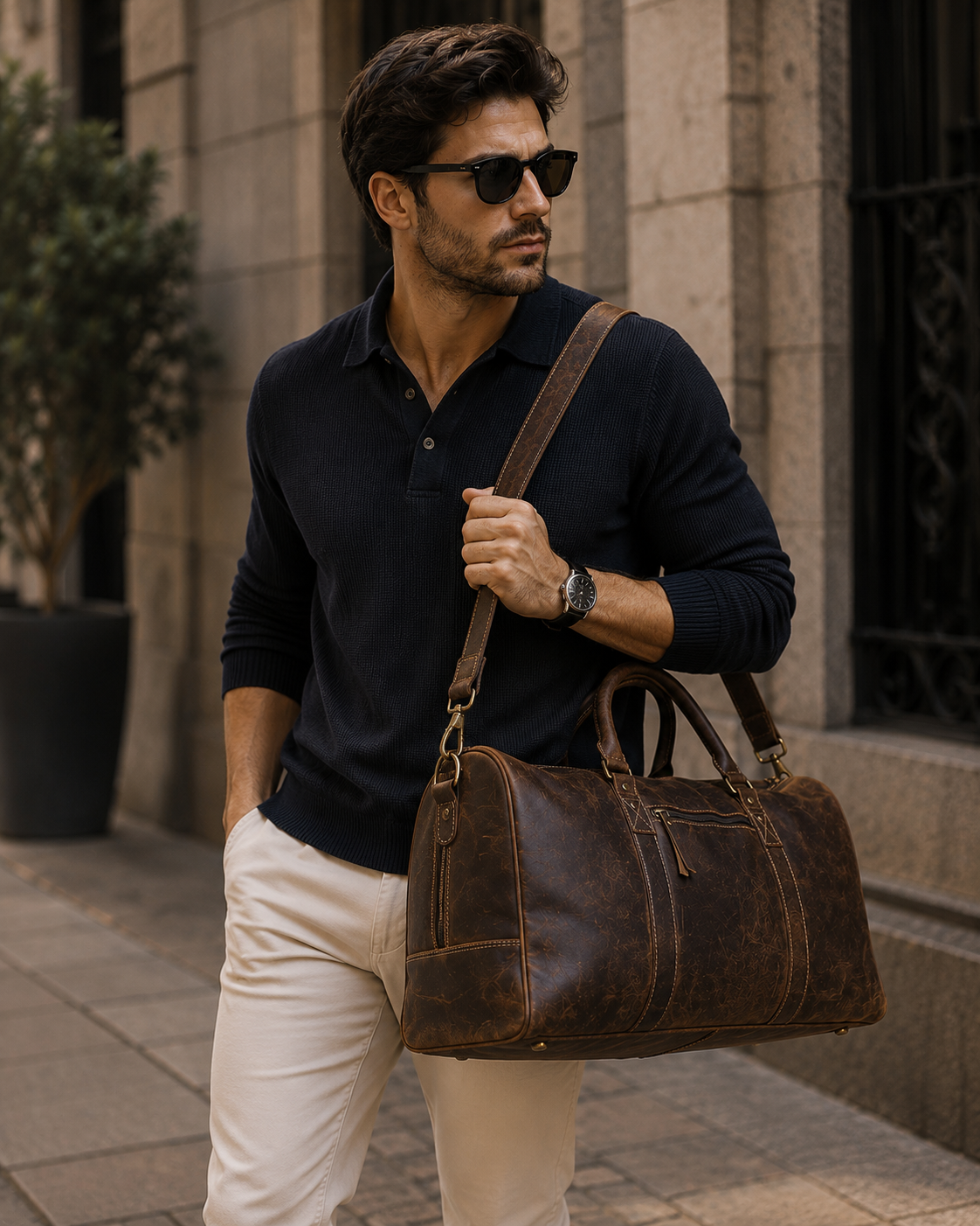 Man carrying Heritage Voyager premium leather travel duffle bag outdoors