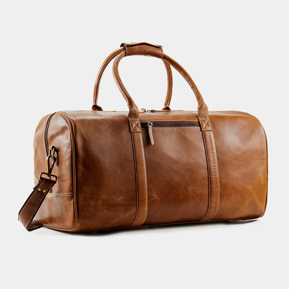 Front view of The Hudson leather weekender bag handcrafted from premium buffalo leather.