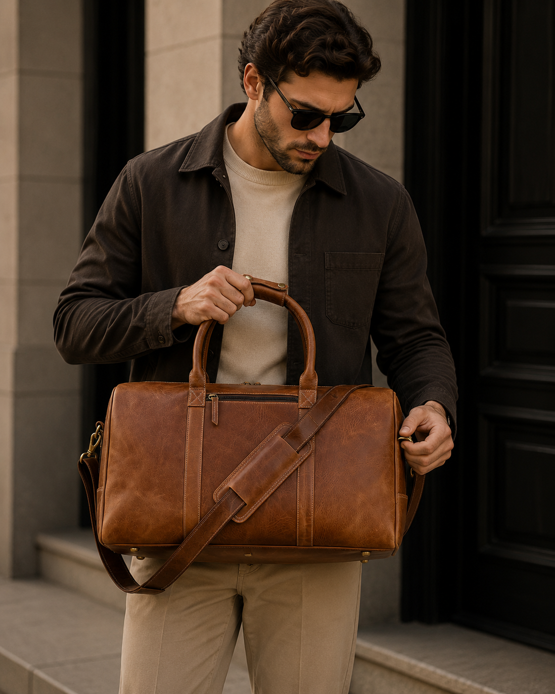 Professional carrying The Hudson leather duffle bag during business travel.