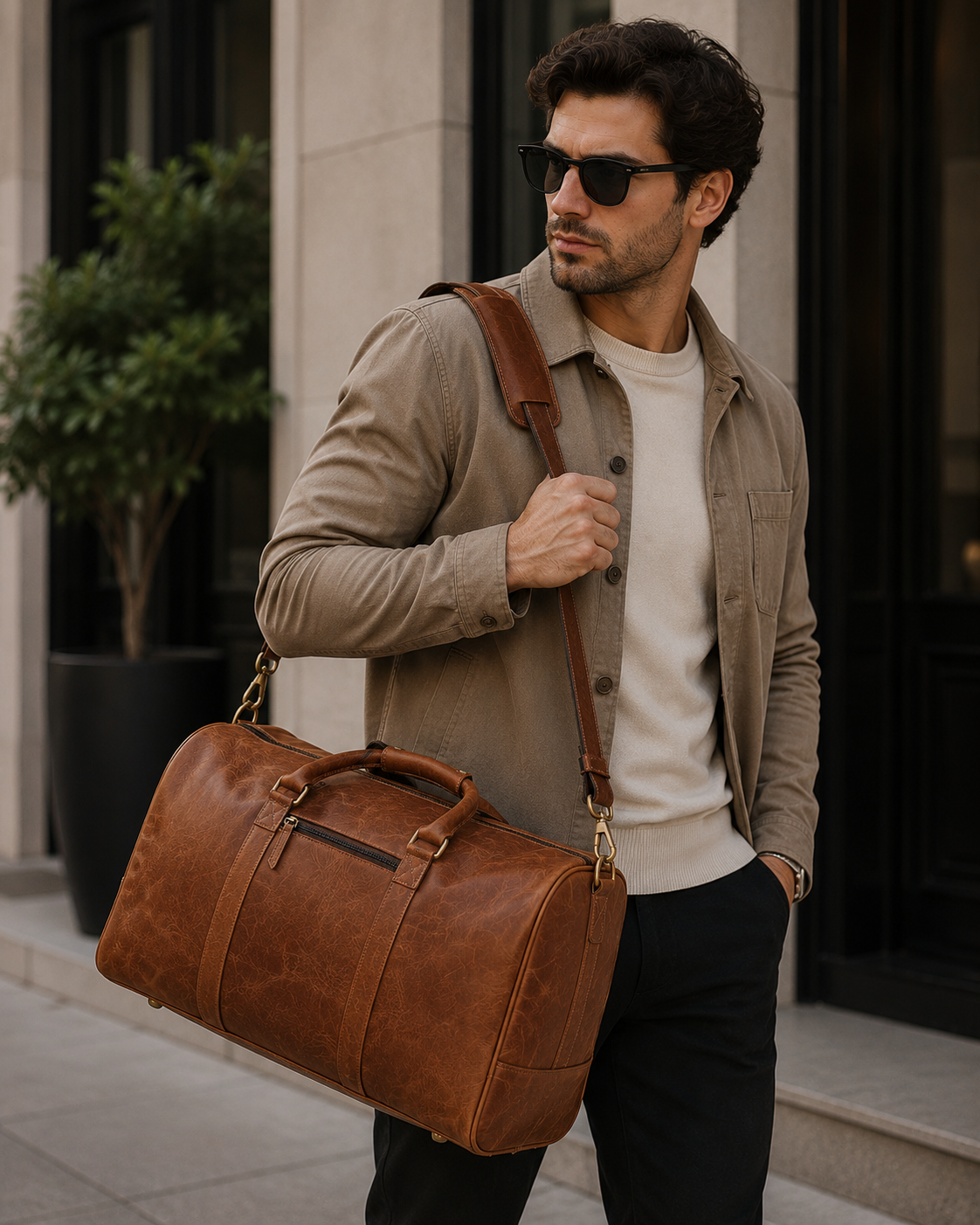 Professional carrying The Hudson leather duffle bag during business travel.