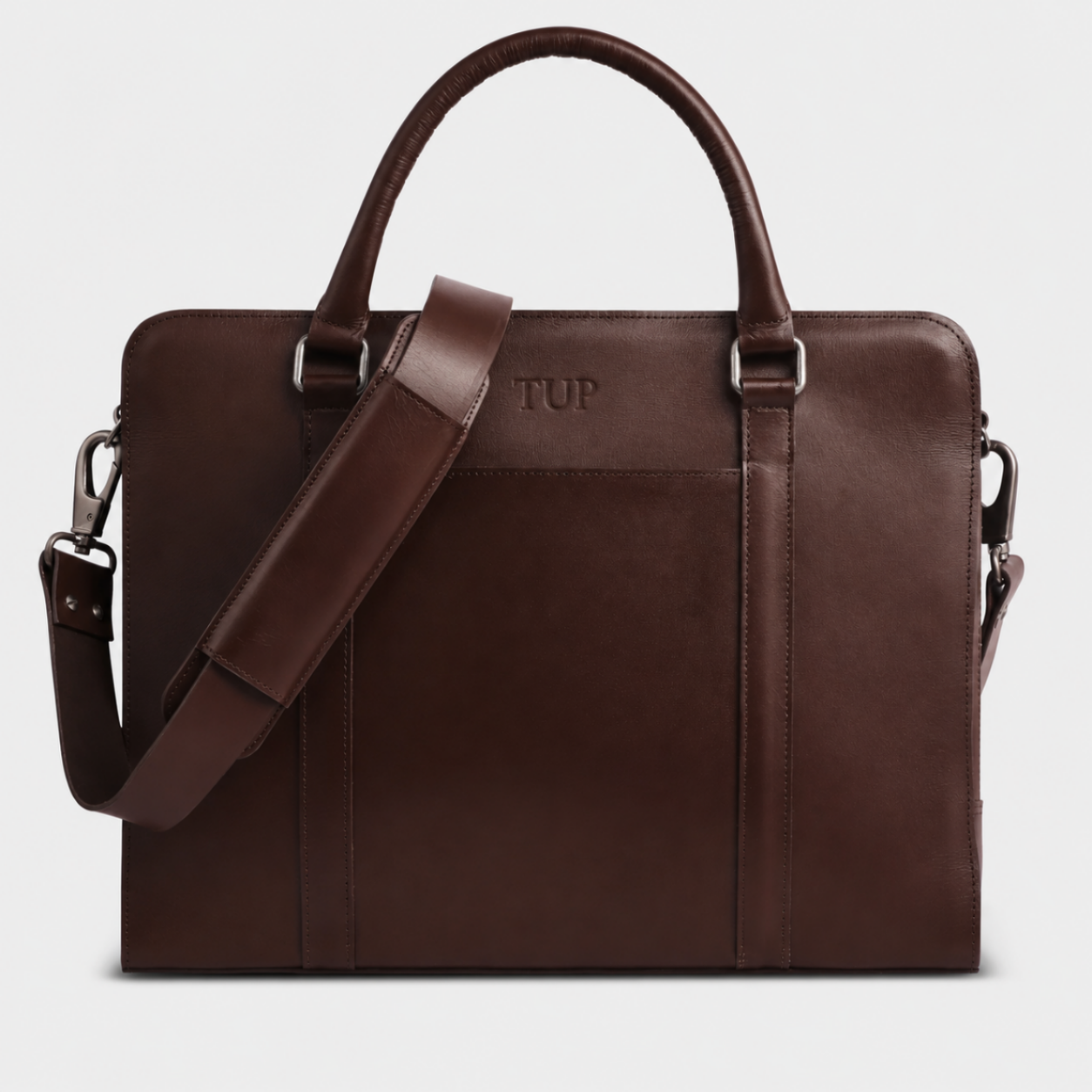 Premium brown leather briefcase with adjustable shoulder strap for business professionals and laptop carrying.