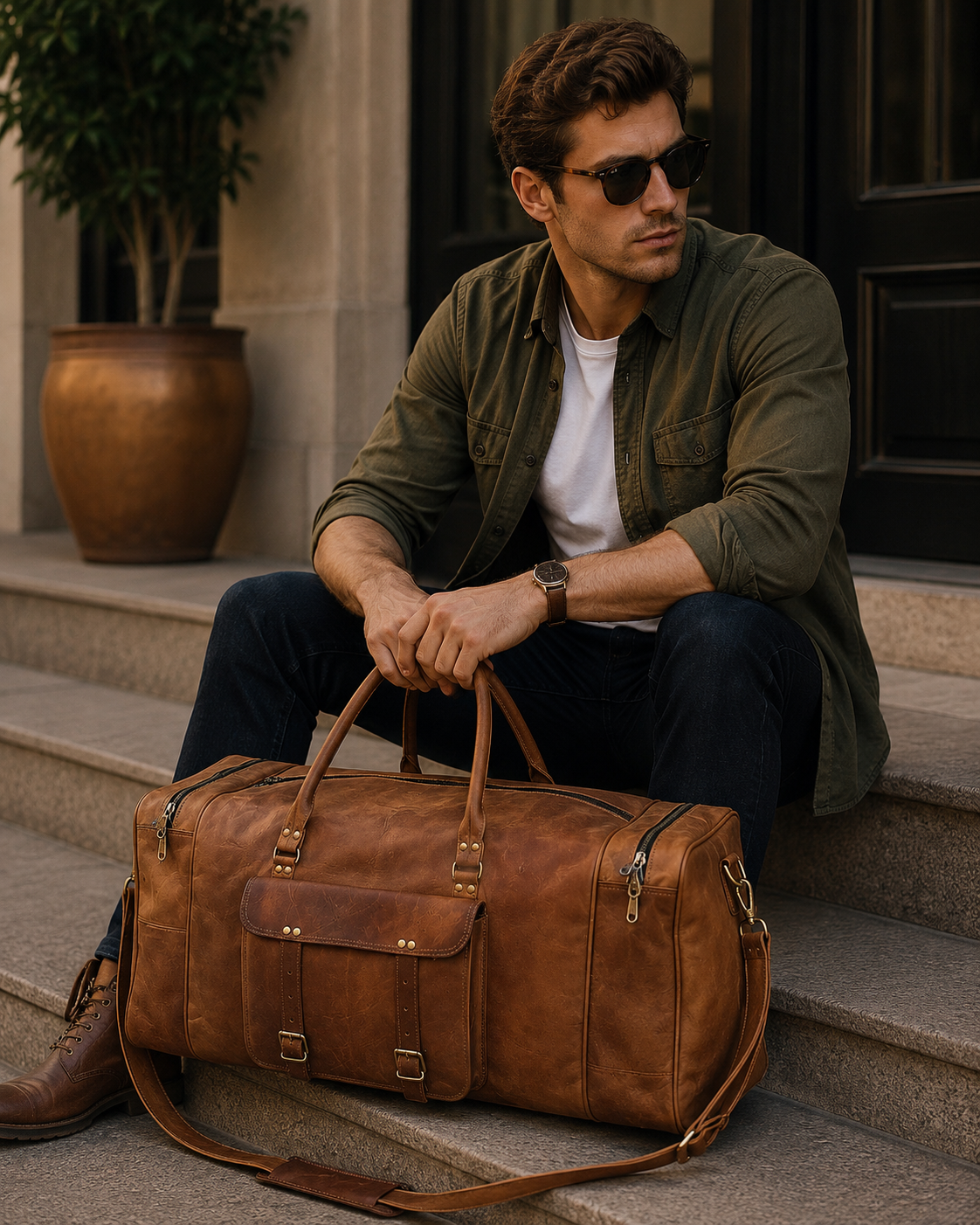 Man carrying premium leather duffle bag during outdoor travel