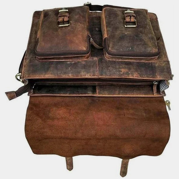 Rear view of vintage leather messenger bag with durable stitching and premium buffalo leather.