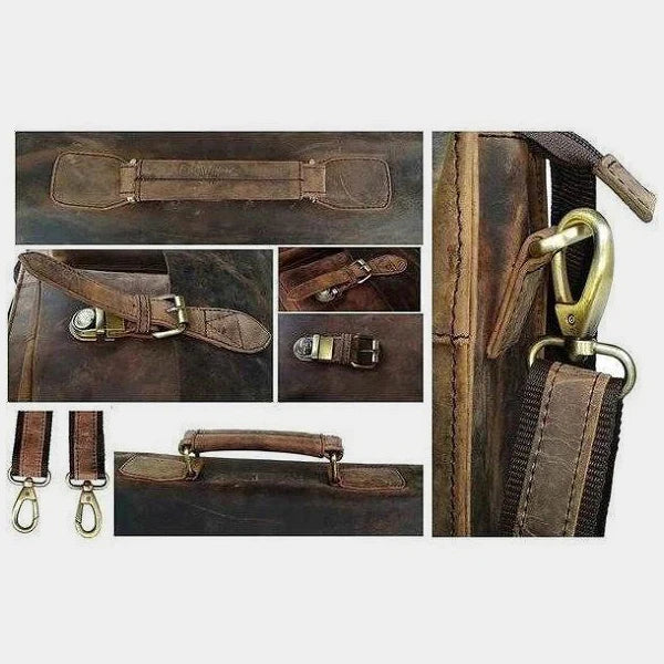 Interior view of leather messenger bag with padded laptop sleeve and organized compartments.