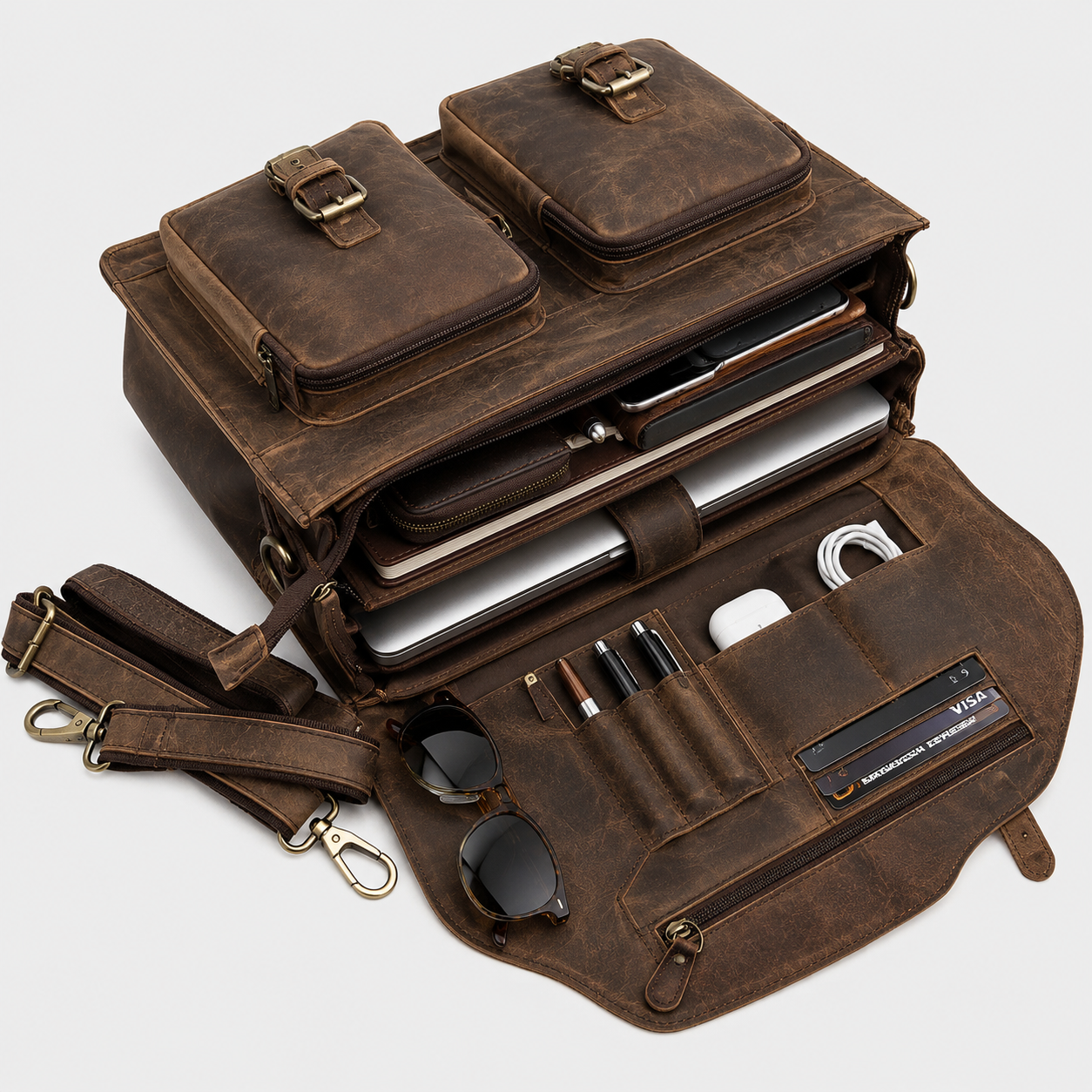 Premium leather messenger bag showing multiple storage compartments and handcrafted construction.