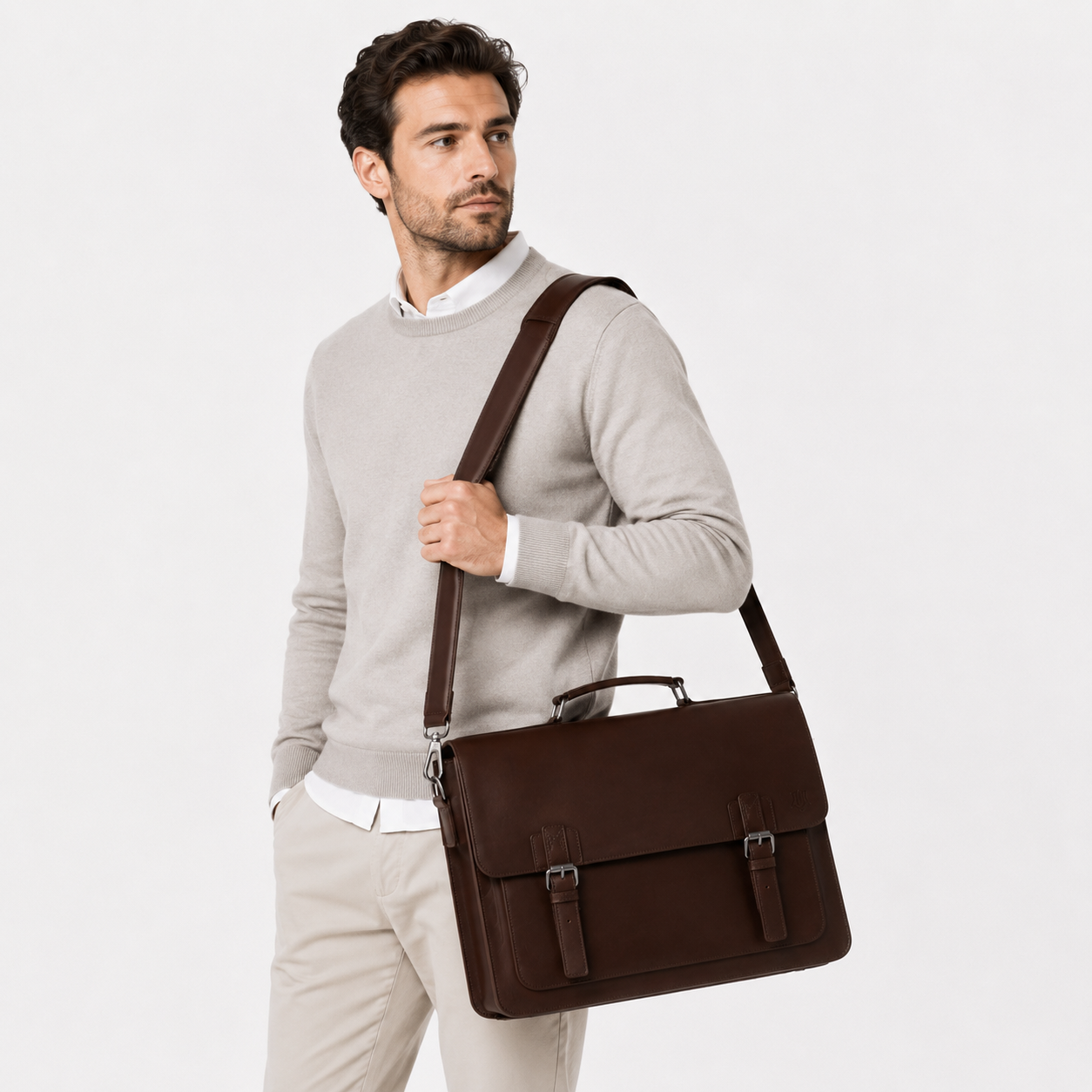 Professional carrying a premium leather briefcase for office, commuting, and business travel.