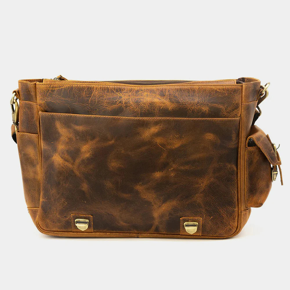 Rear view of handcrafted leather messenger bag for work and travel.