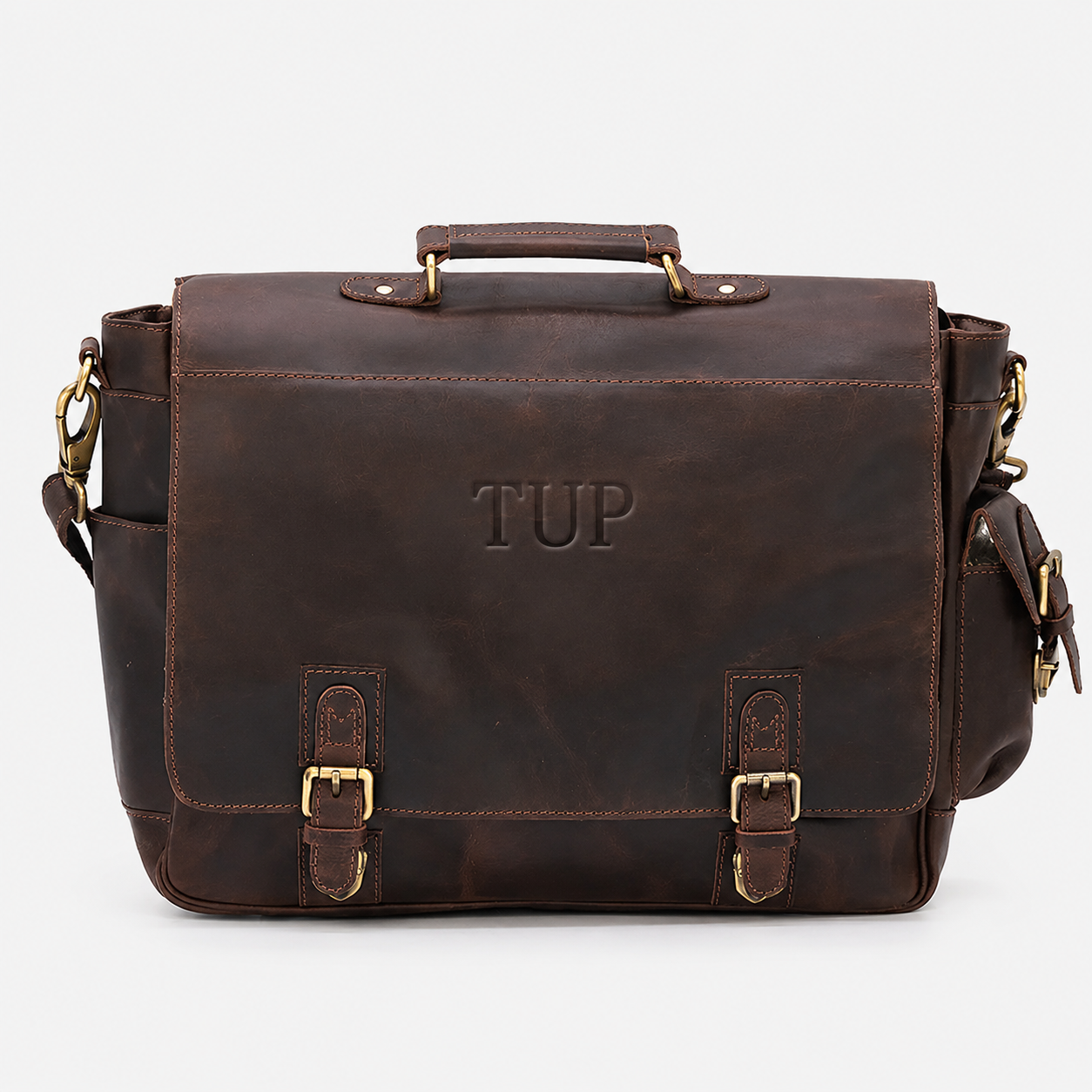 Front view of a premium vintage leather satchel for business professionals.