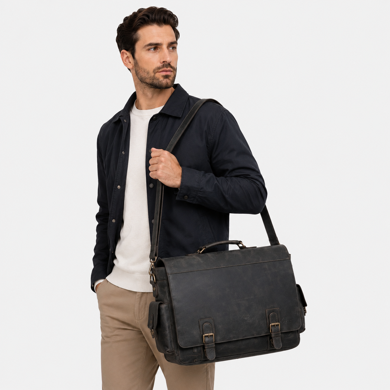 norwood-vintage-leather-messenger-bag-front. black leather