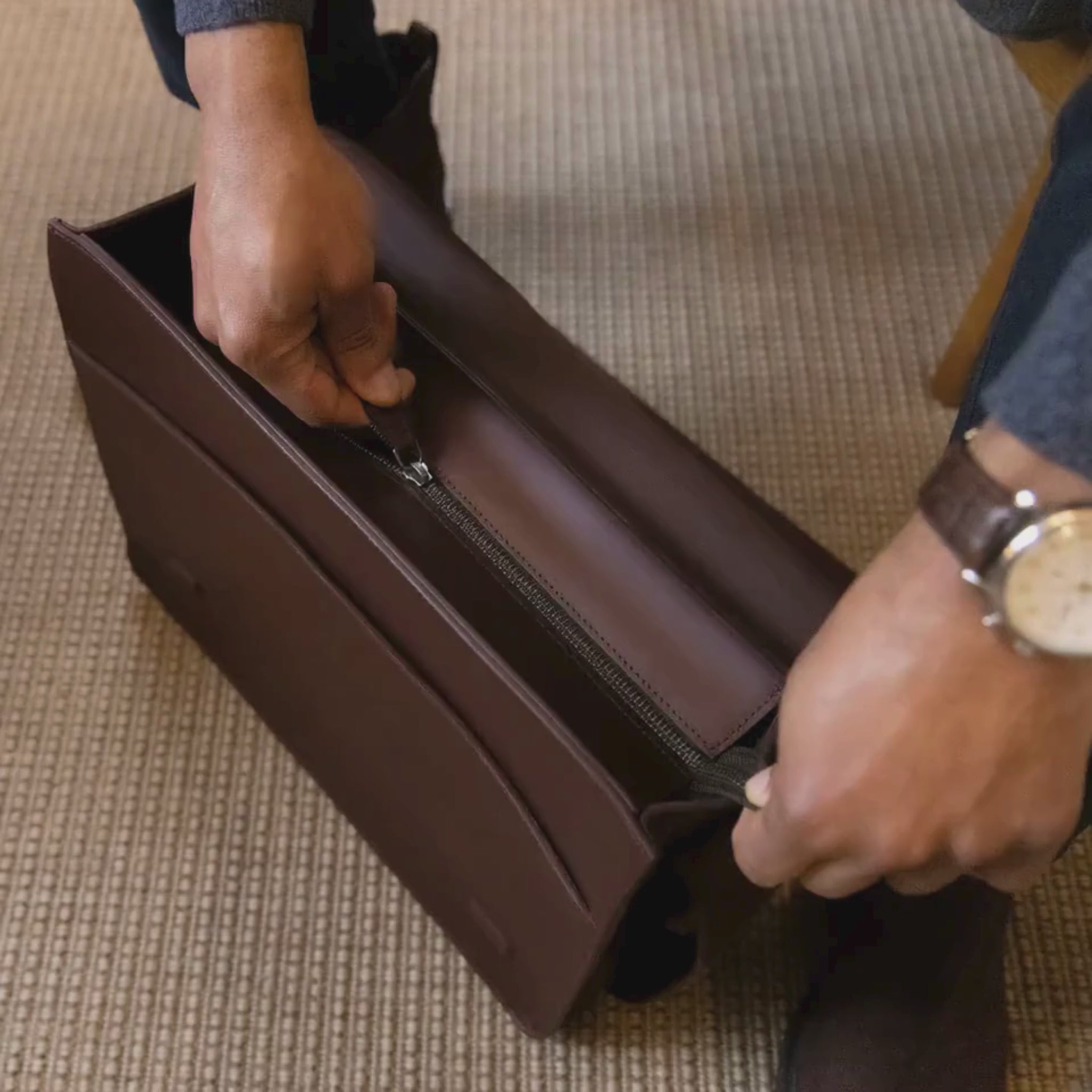Close-up of premium leather briefcase with durable craftsmanship and smooth leather finish