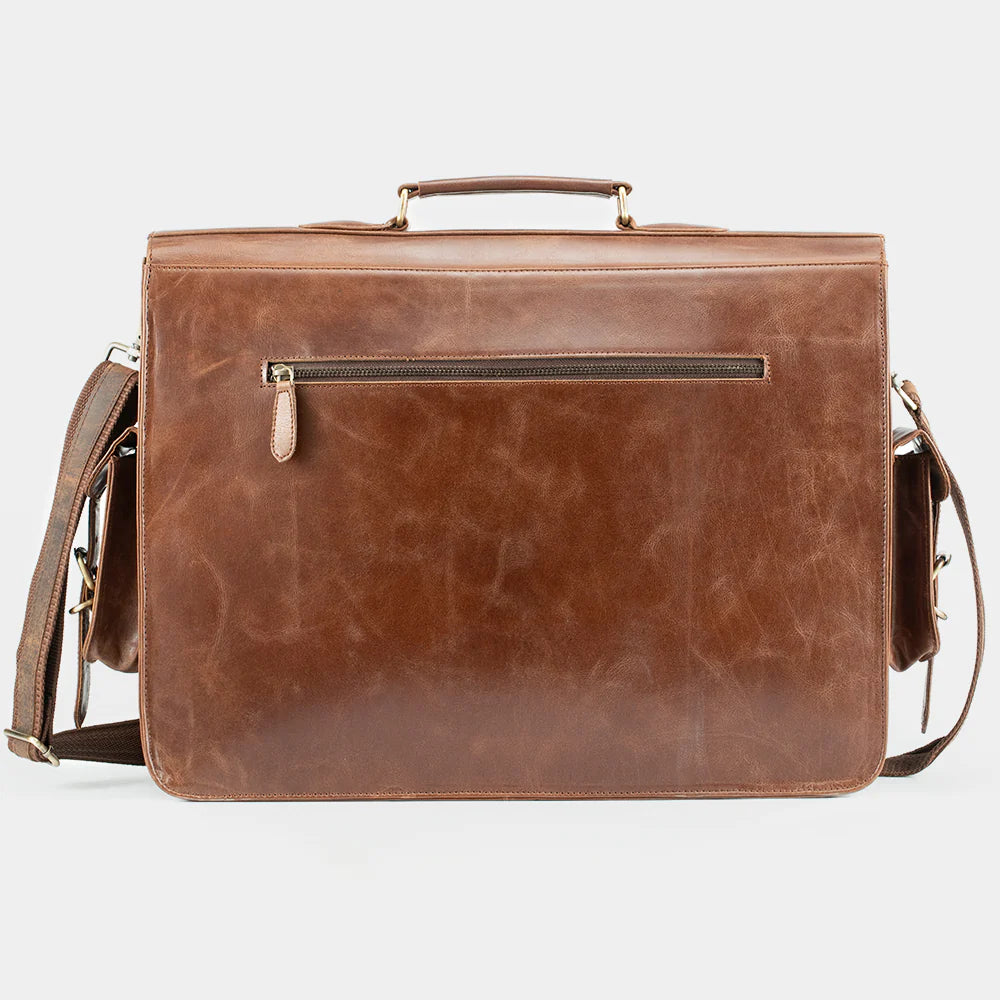 Back view of a leather messenger bag with adjustable shoulder strap and professional business design.