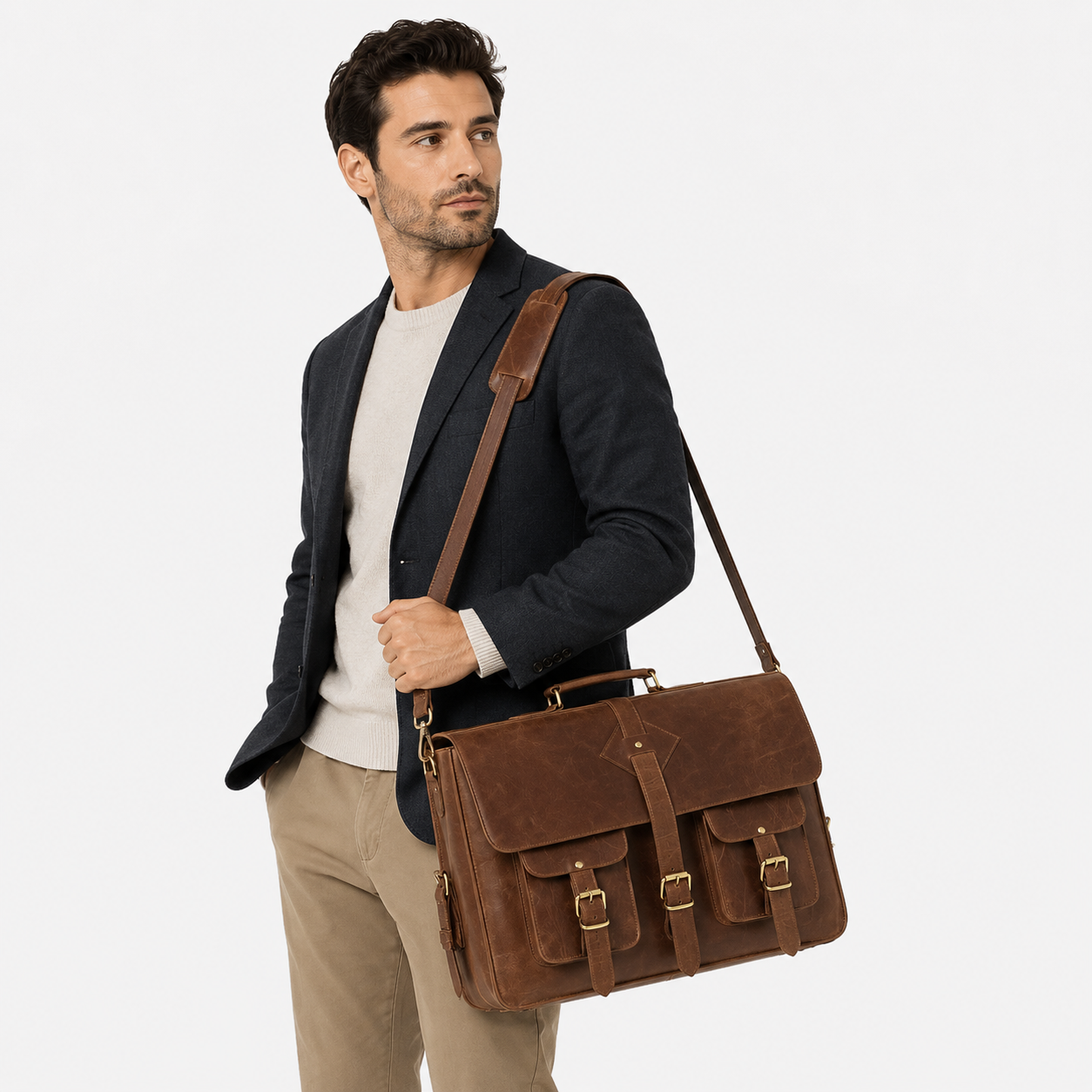 Professional carrying a brown leather messenger bag for office and business travel.