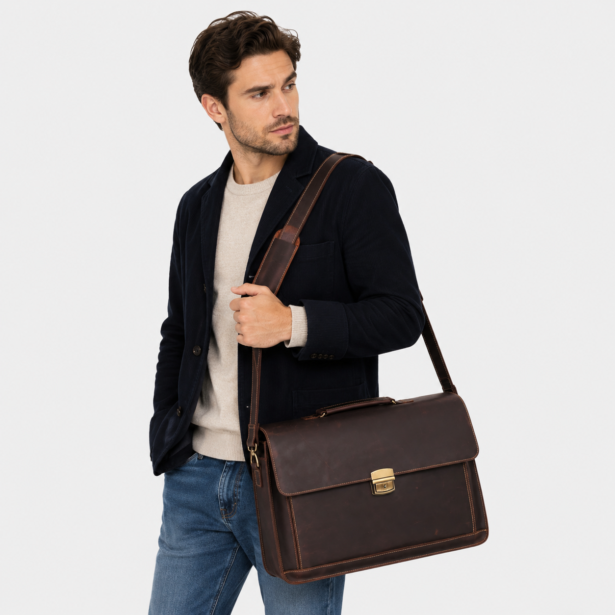 Business professional carrying a premium leather briefcase for daily office use.