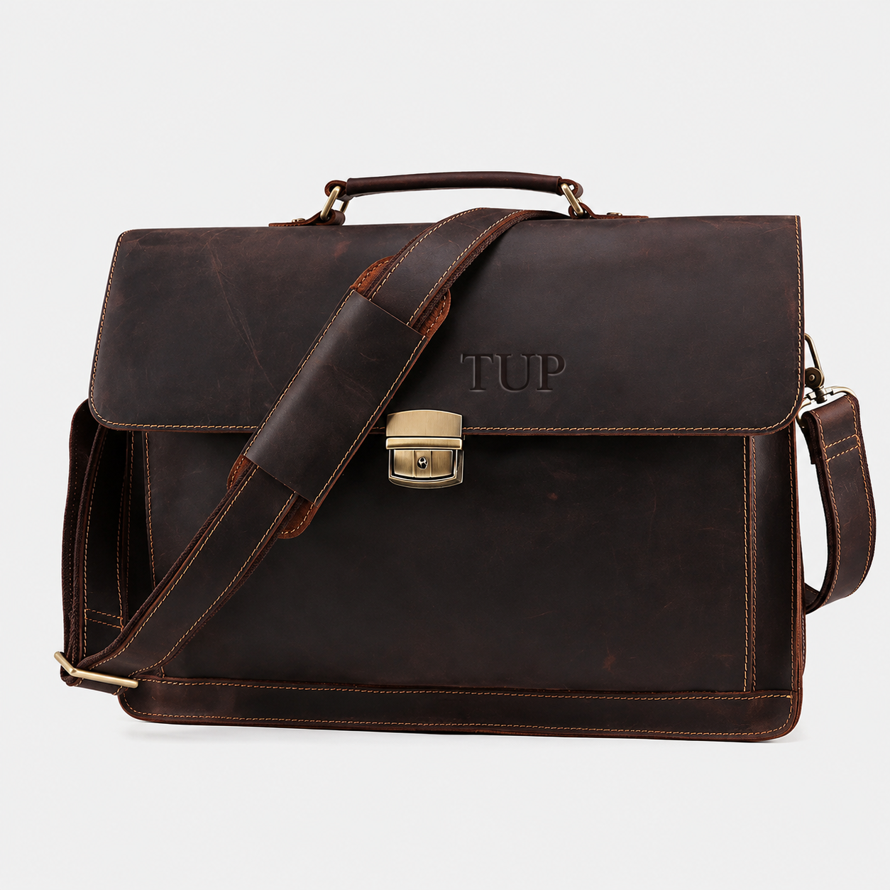 Rothwell premium top-grain leather briefcase with secure lock and adjustable shoulder strap.