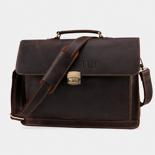 Rothwell premium top-grain leather briefcase with secure lock and adjustable shoulder strap.