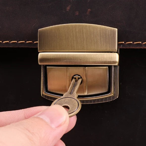 Close-up of secure lock closure on the Rothwell leather business briefcase.