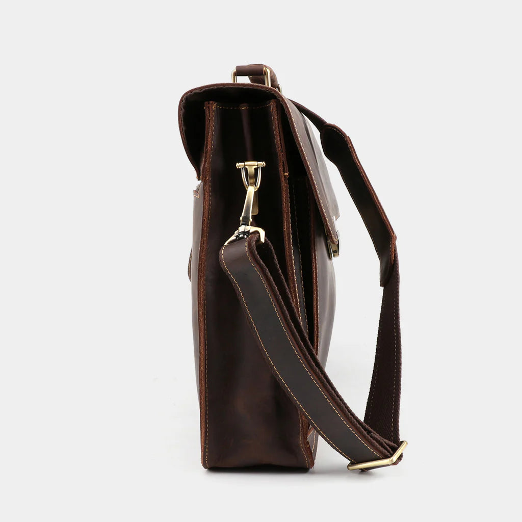 Side profile of Rothwell leather briefcase showing slim executive silhouette.