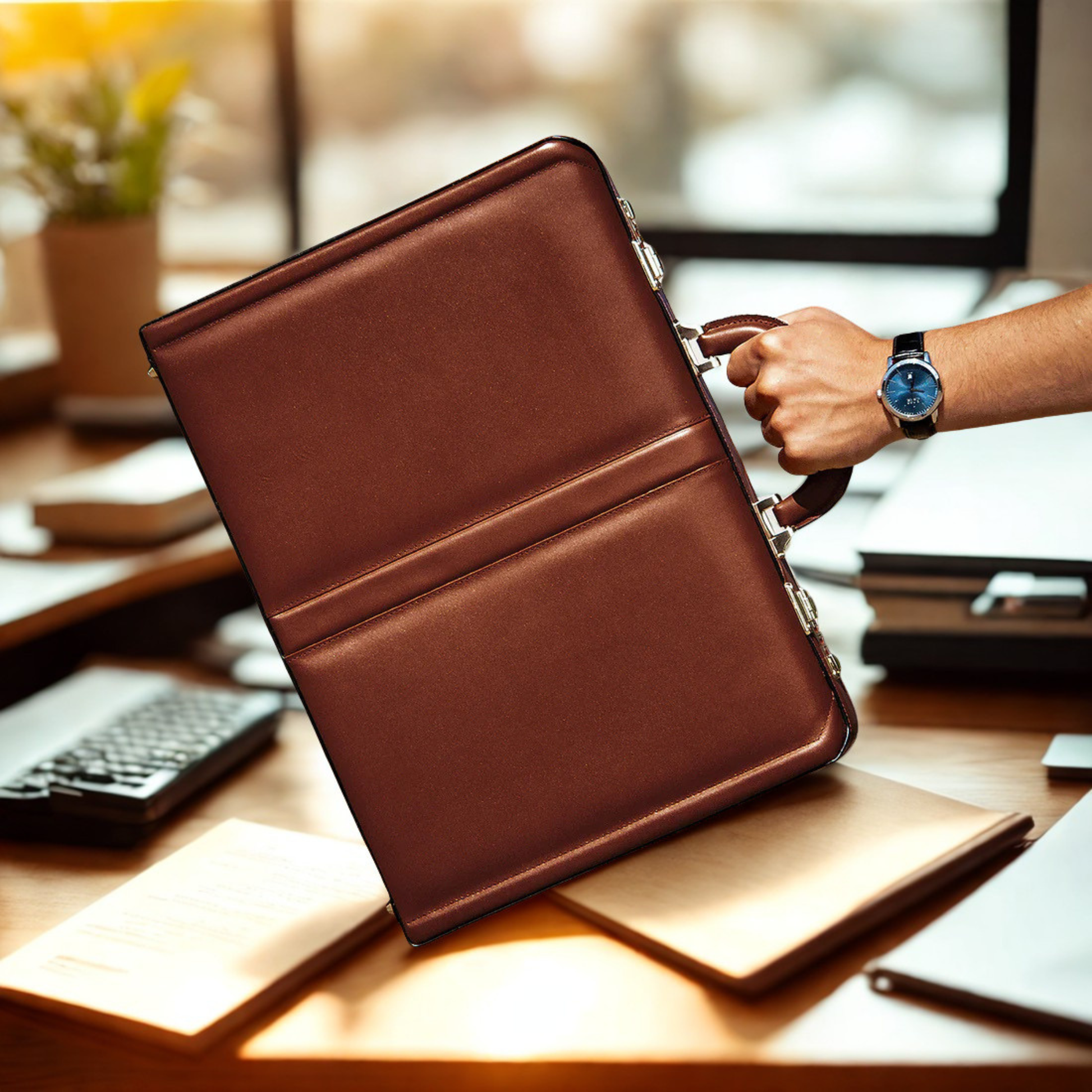 Executive carrying The Sovereign leather briefcase during business travel.