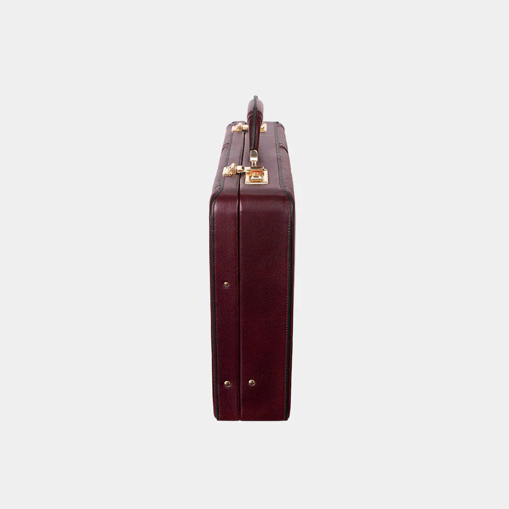 Side profile of The Sovereign leather briefcase with slim executive silhouette.