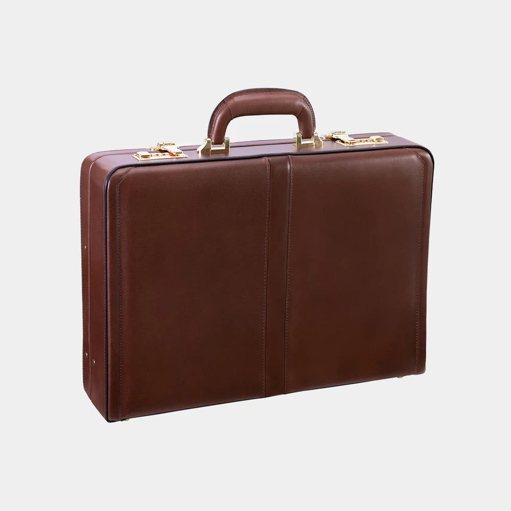 Side profile of The Sovereign leather briefcase with slim executive silhouette.