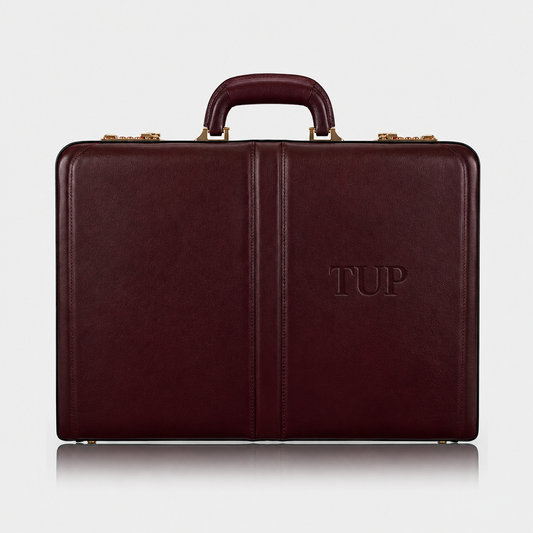 The Sovereign premium full-grain leather executive briefcase with structured design and top handle.