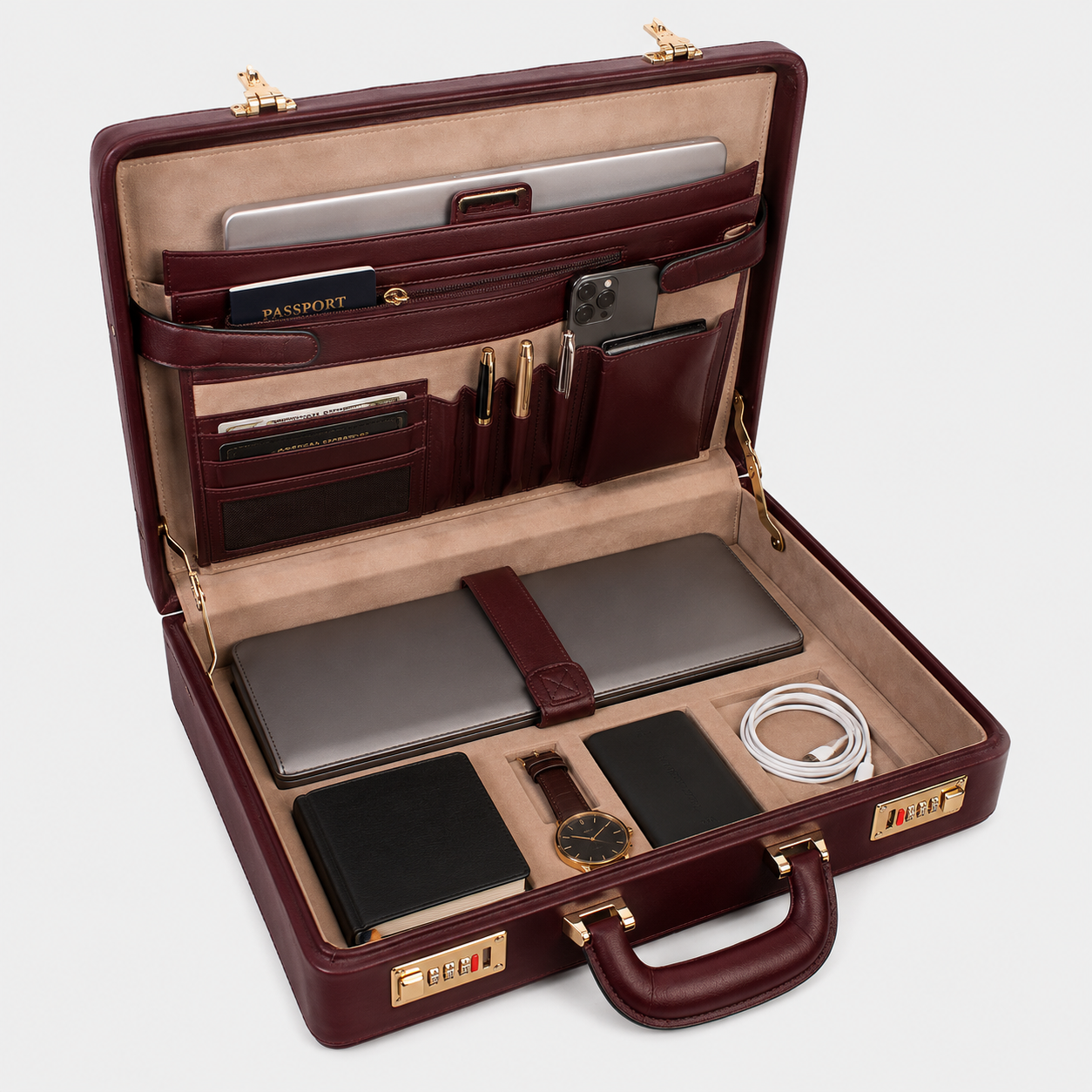 Interior of The Sovereign leather briefcase showing organized compartments for laptop and documents.