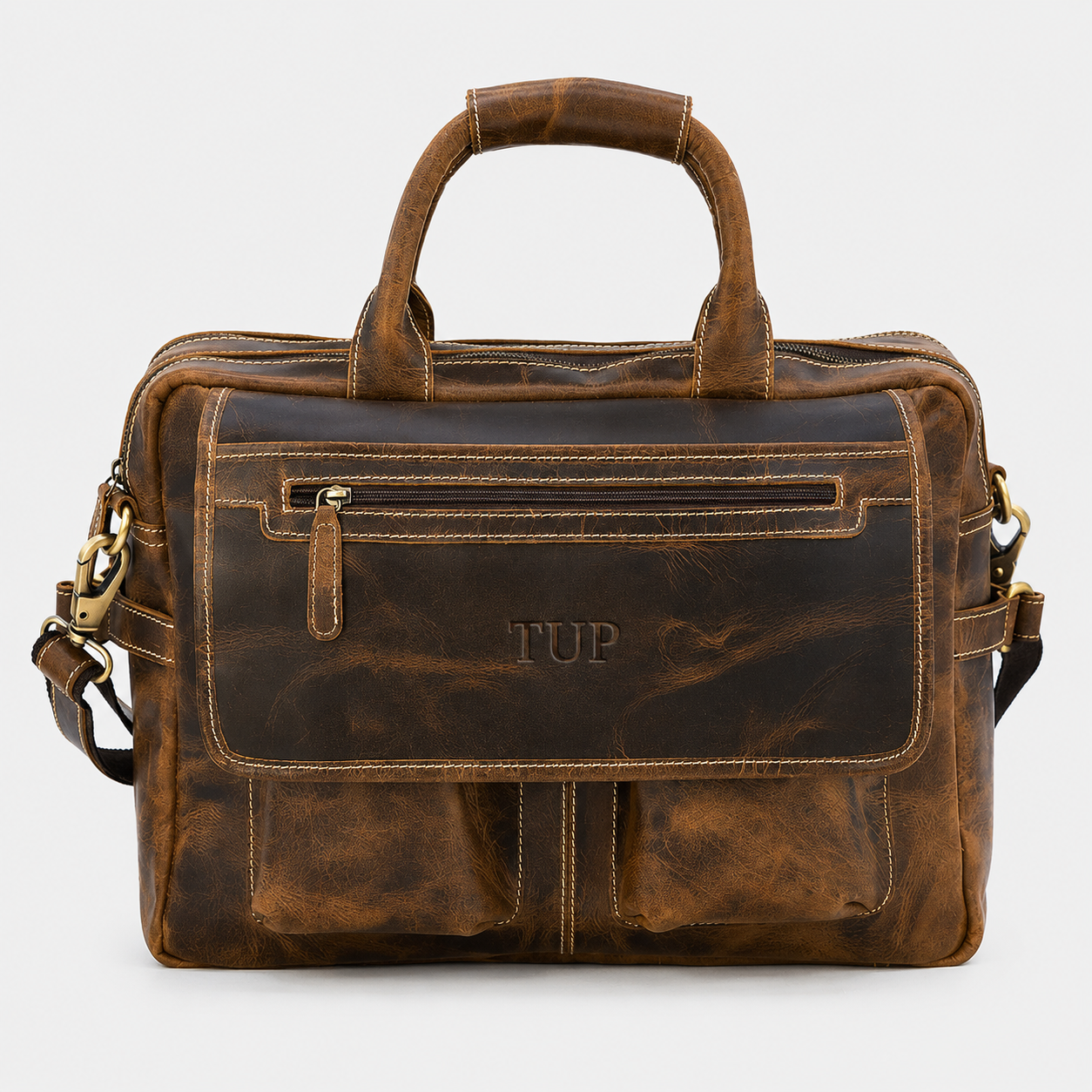 Front view of handcrafted leather work bag featuring spacious compartments and premium hardware.