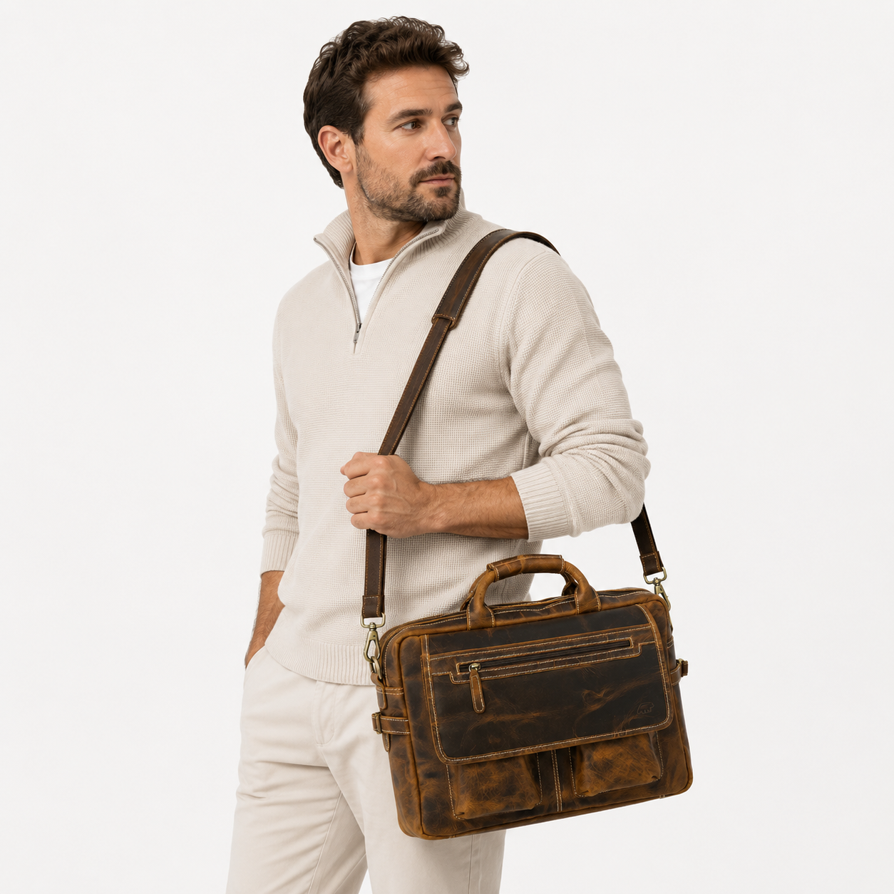 Business professional using premium leather work bag during daily commute.