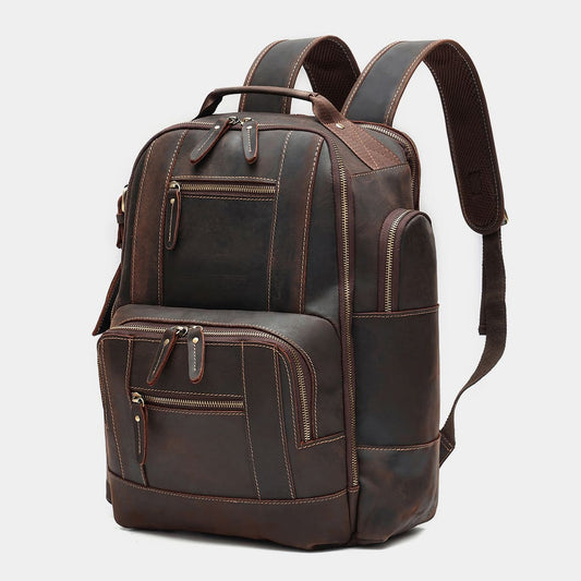 Side profile of handcrafted leather travel backpack with expandable storage