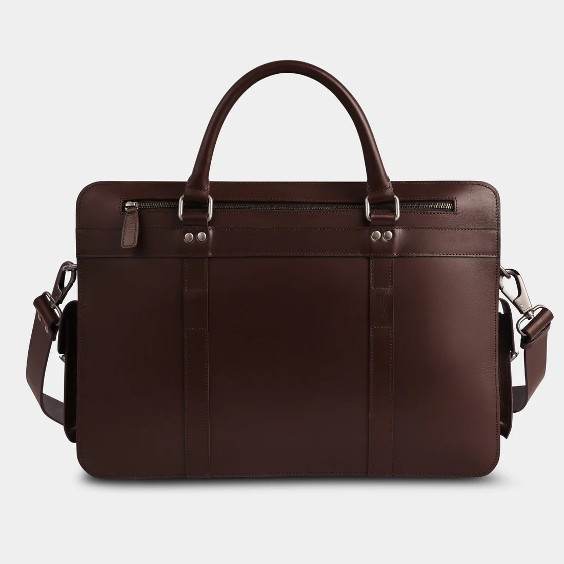 Front view of premium leather laptop briefcase with adjustable shoulder strap
