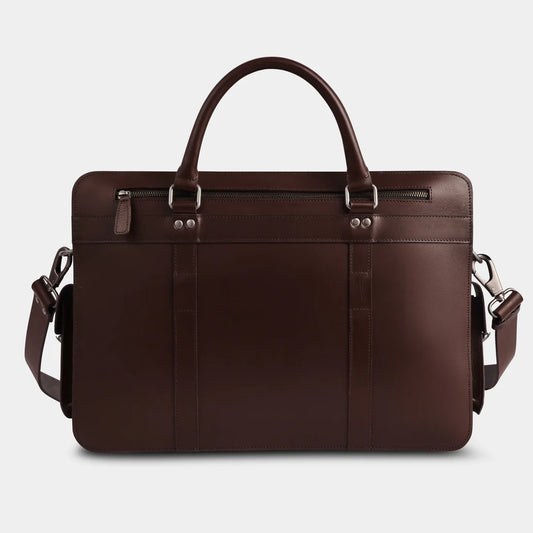 Front view of premium leather laptop briefcase with adjustable shoulder strap
