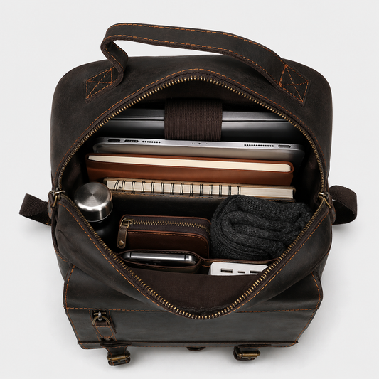 Interior of The District leather backpack showing padded laptop compartment and organized storage