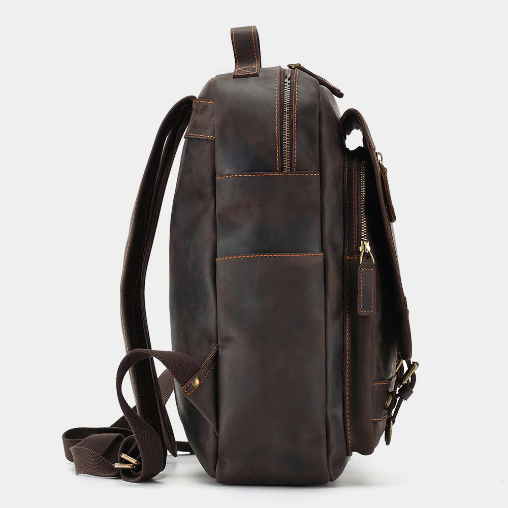 Side view of premium leather backpack for work and travel