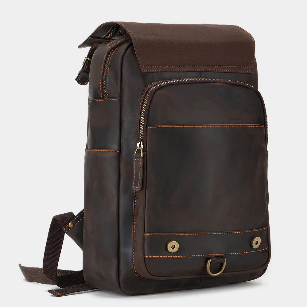 Side profile of The District leather backpack with slim professional silhouette