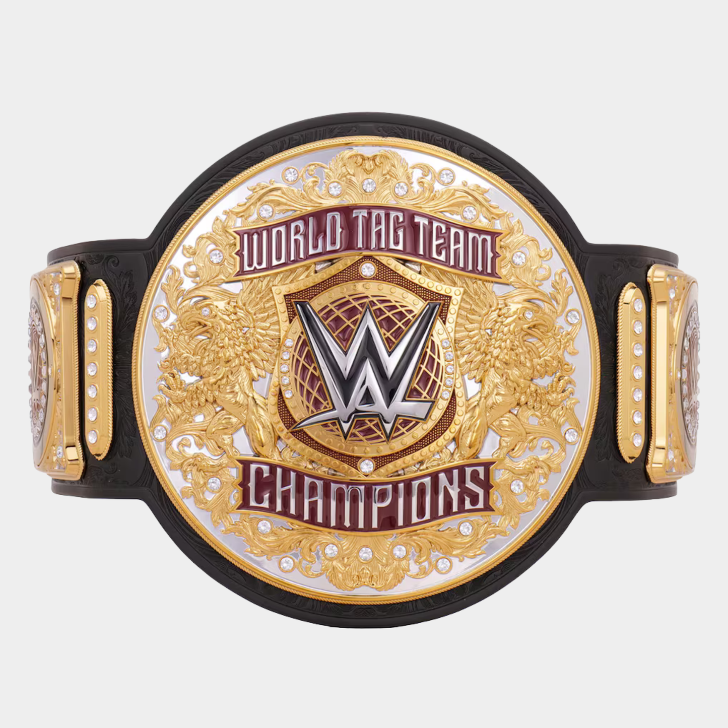 The Dynasty Tag Team Championship replica belt with premium gold-plated center plate and genuine leather strap