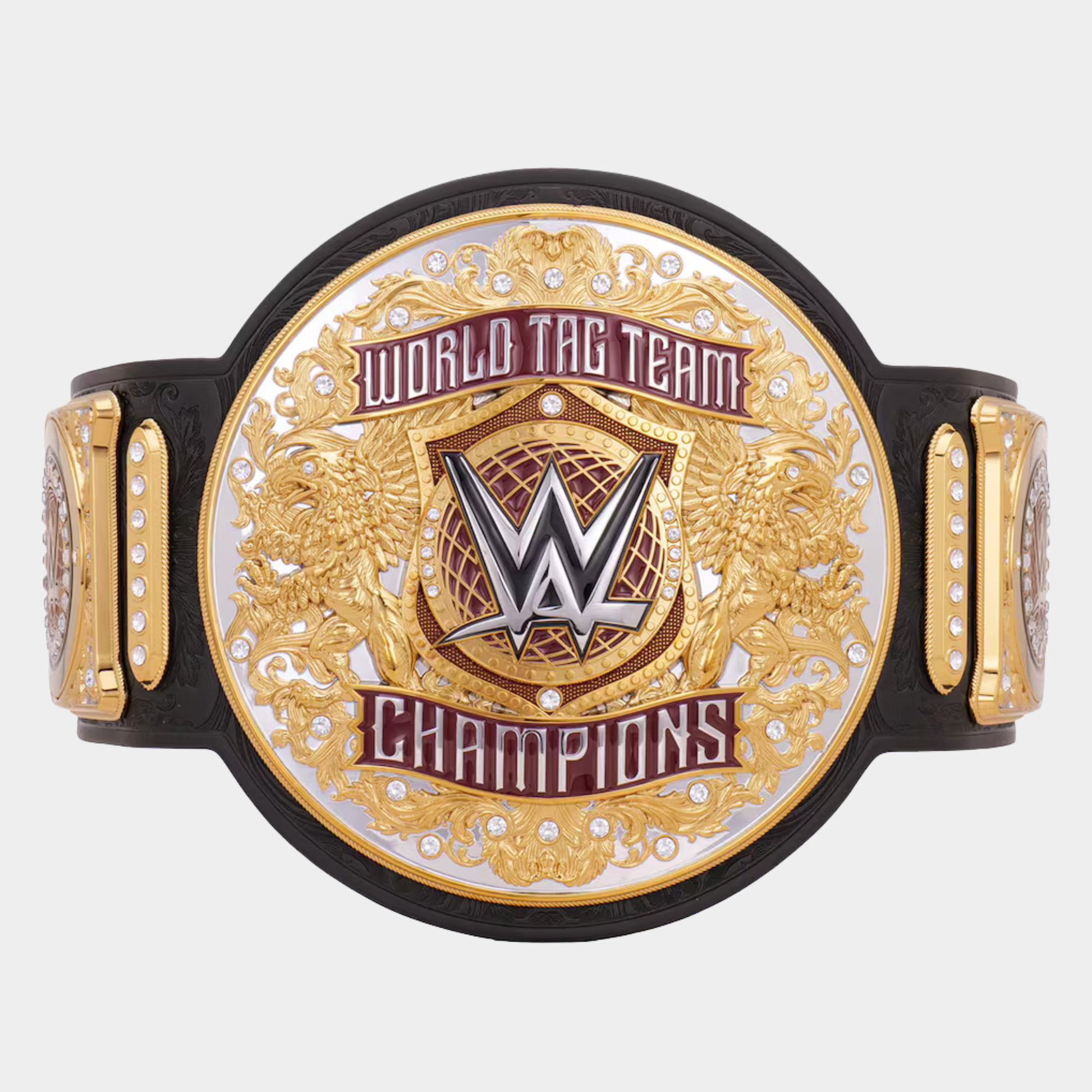 The Dynasty Tag Team Championship replica belt with premium gold-plated center plate and genuine leather strap