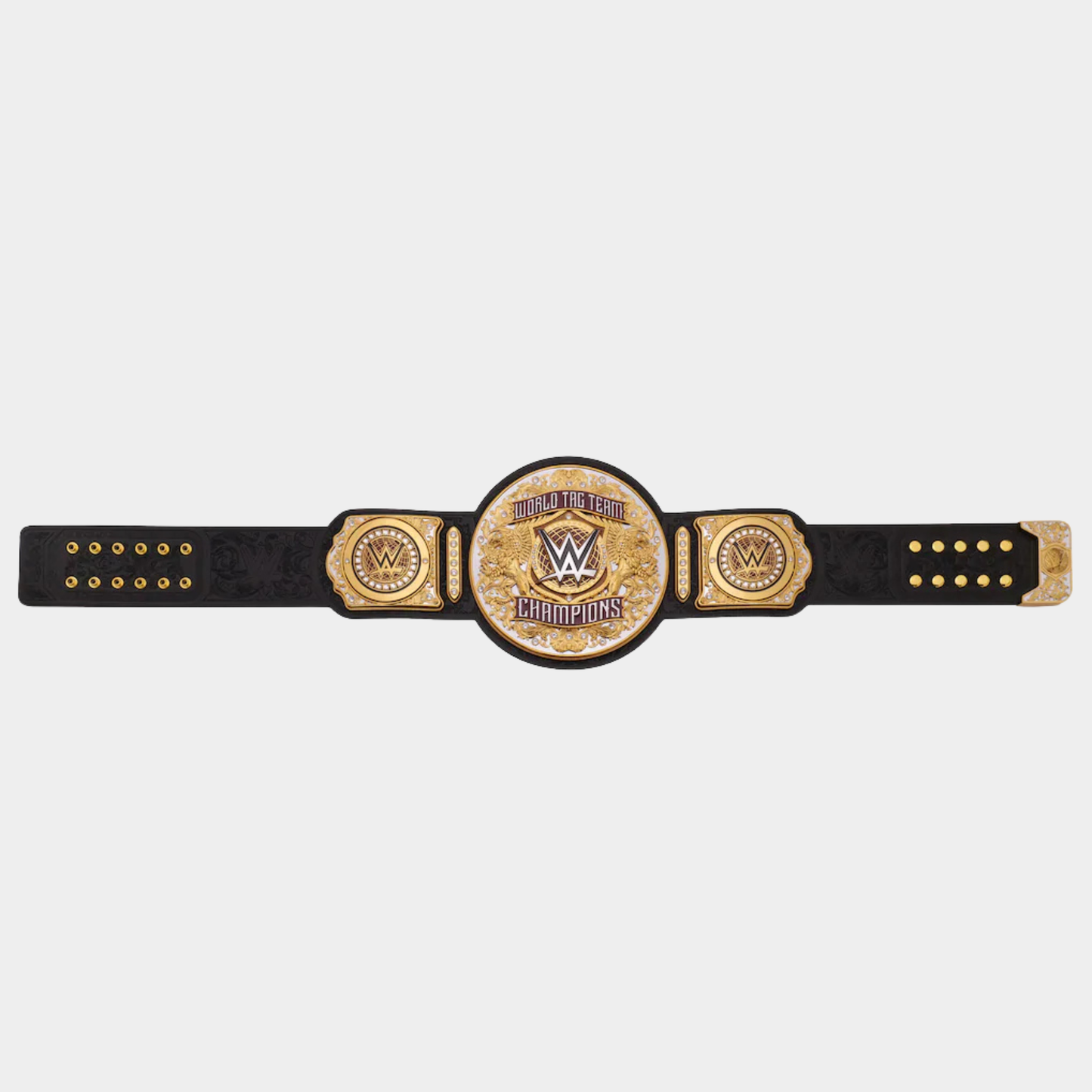Detailed gold-plated center plate of The Dynasty Tag Team Championship collector belt
