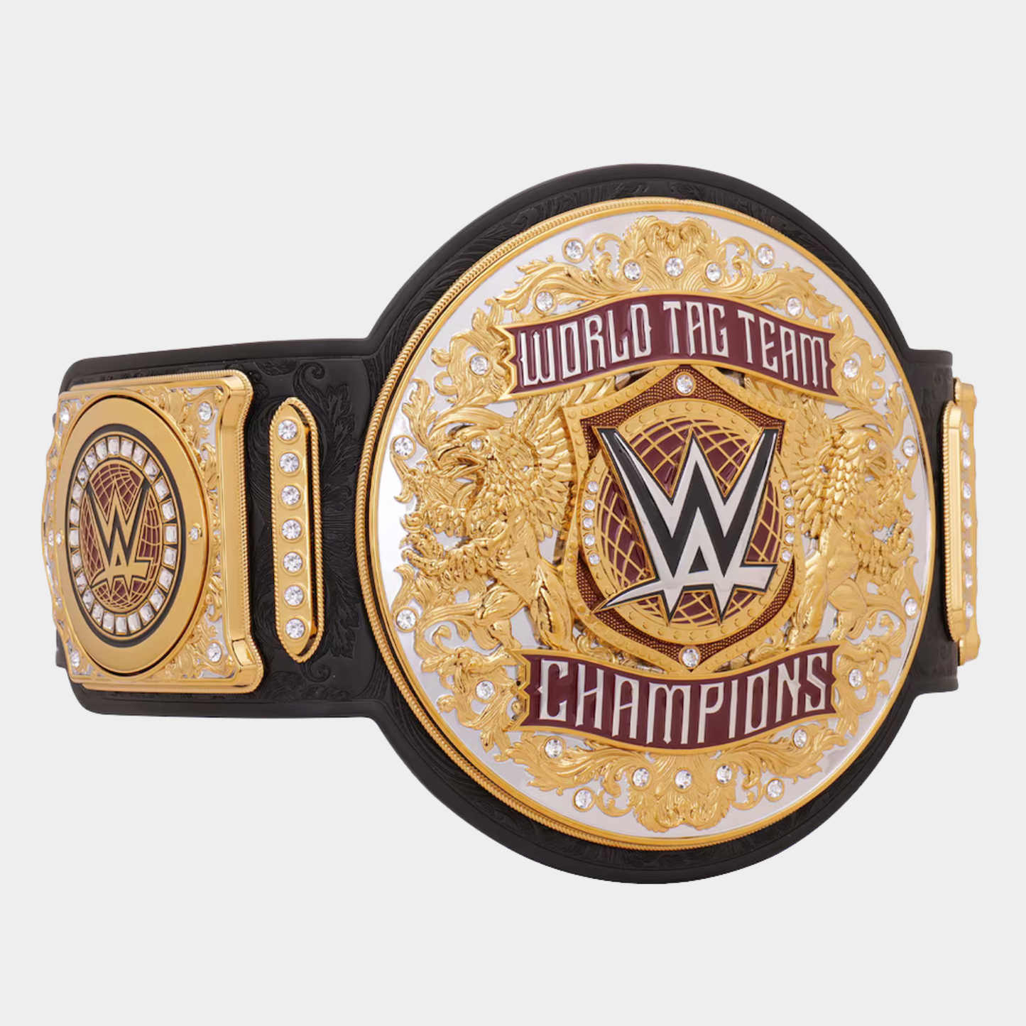 SIde angled view of The Dynasty Tag Team Championship replica title belt