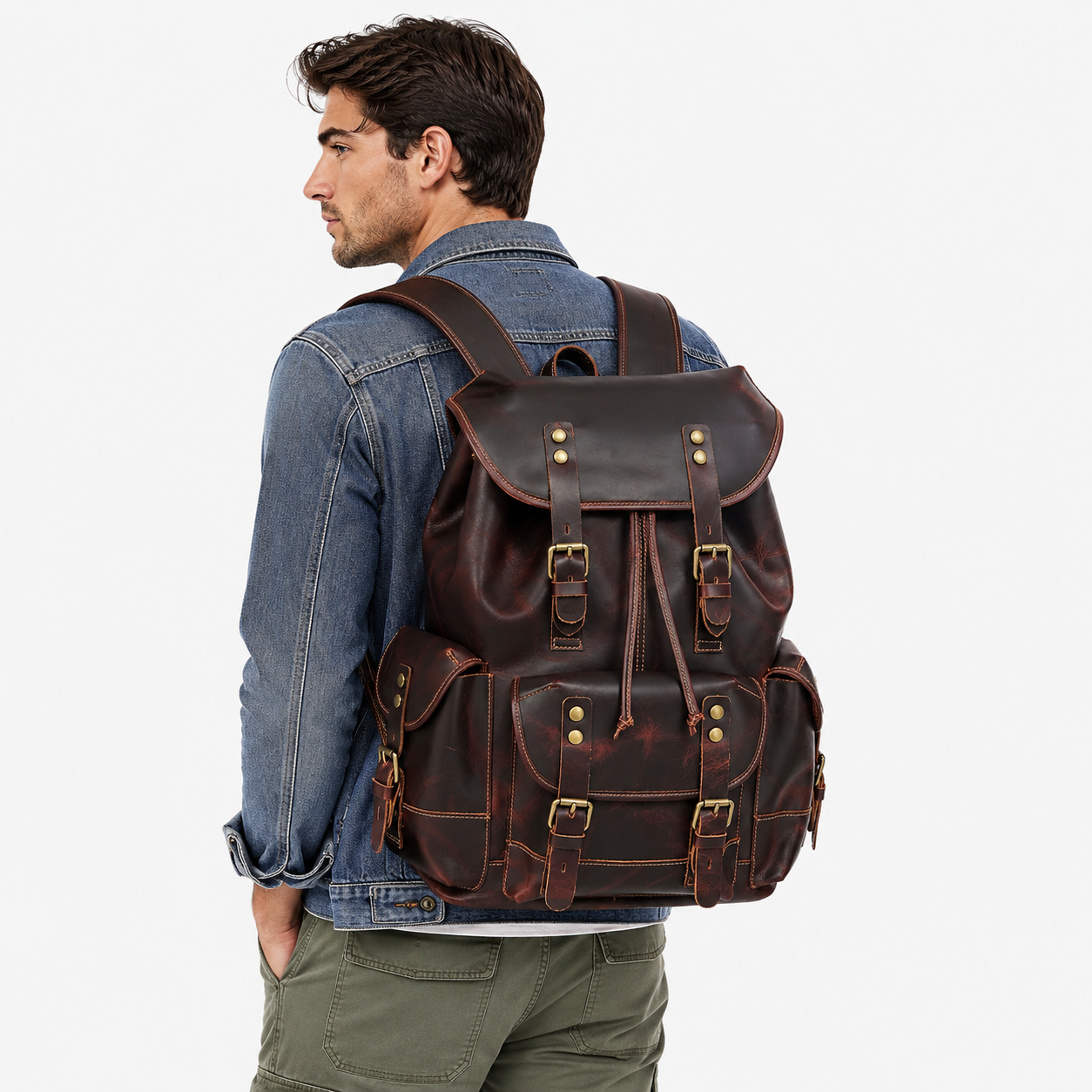 Professional carrying The Expedition leather backpack during business travel