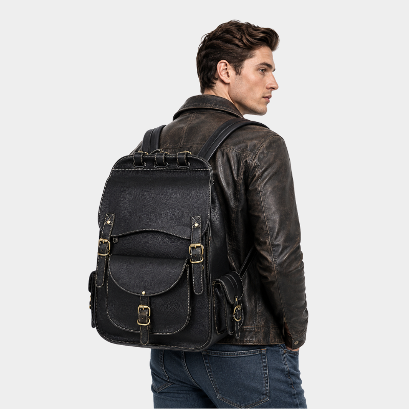 Professional carrying The Frontier black leather backpack