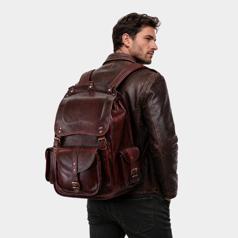 Professional wearing The Frontier leather backpack during business travel