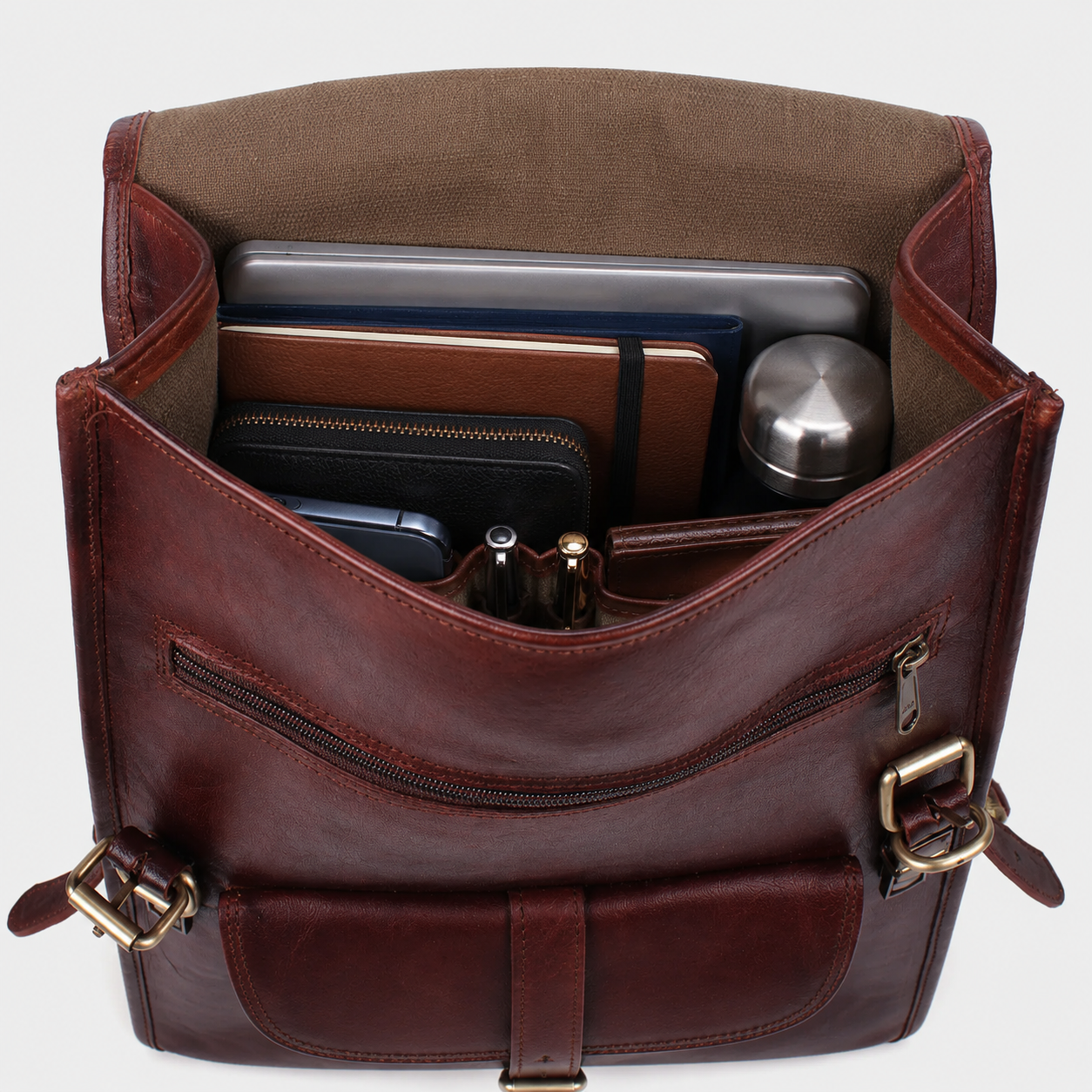 Interior of The Frontier backpack with padded laptop compartment and spacious storage